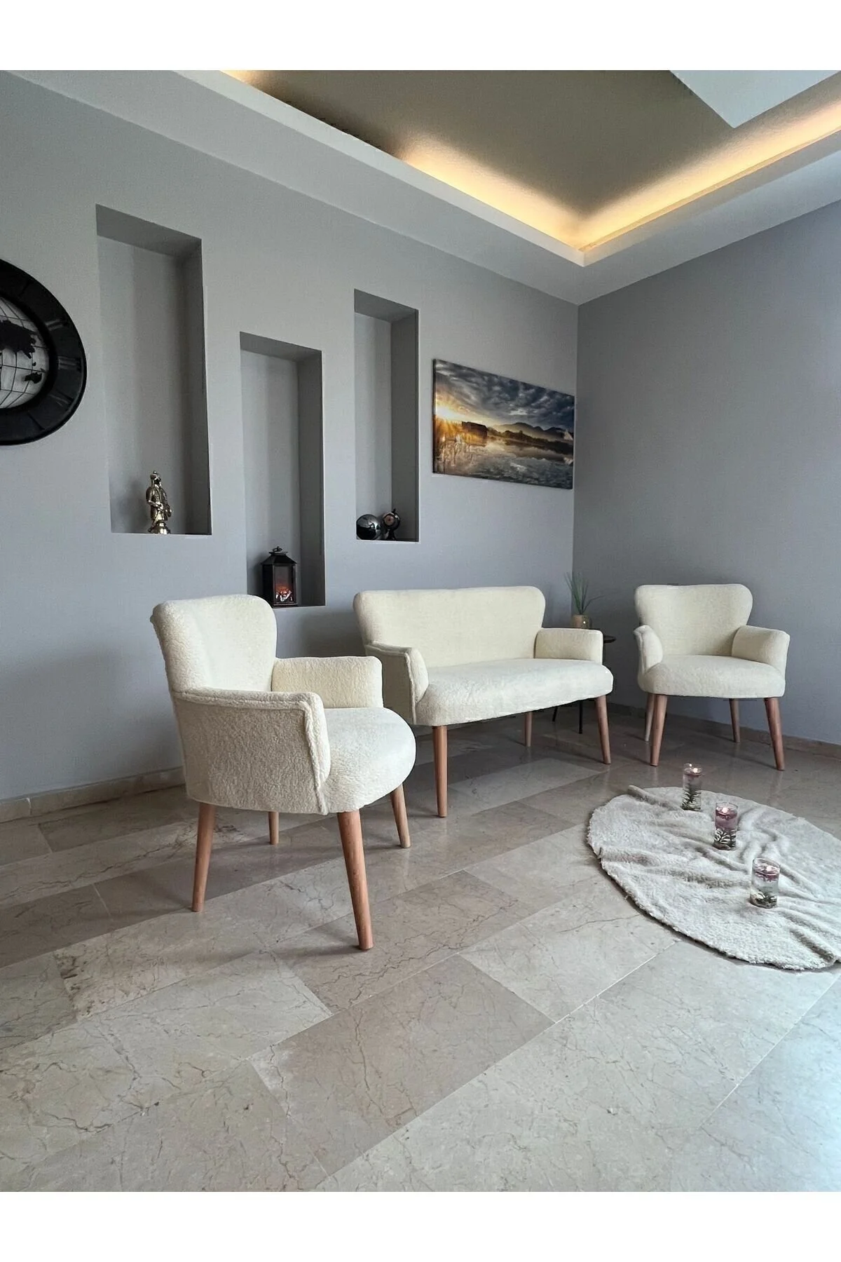 Azra Aksesuar Azra Aksesuar Çay Seti Oturma Grubu, Puffy Kumaş Koltuk Takımı, Ahşap Ayak, Balkon Bahçe Mobilyası