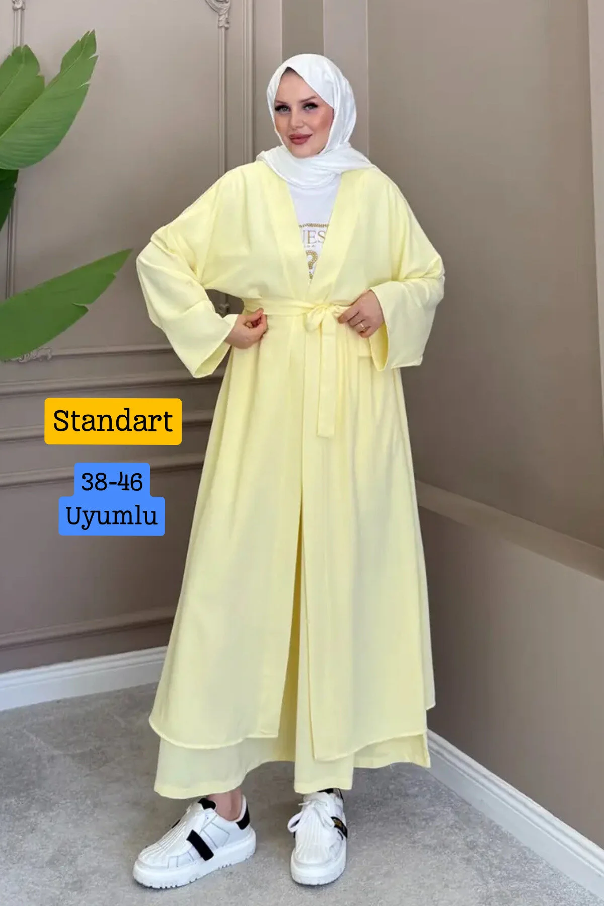 Balenbi Kadın Kuşaklı Kimono Hırka Bol Paça Pantolon 2'li Abaya Takım 1230 Sarı