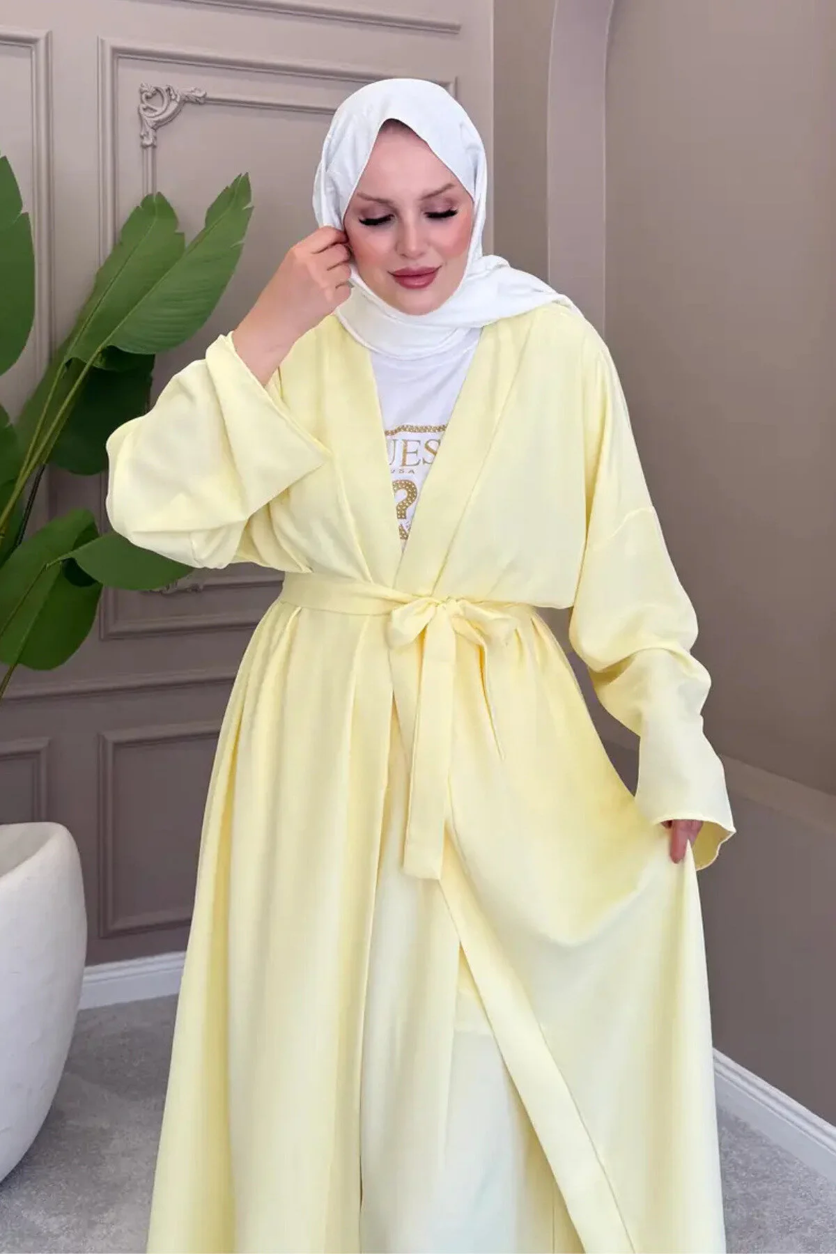 Balenbi Kadın Kuşaklı Kimono Hırka Bol Paça Pantolon 2'li Abaya Takım 1230 Sarı