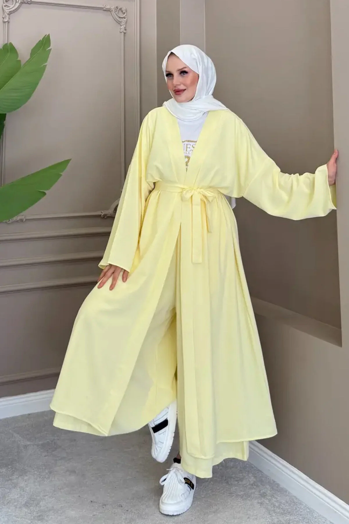 Balenbi Kadın Kuşaklı Kimono Hırka Bol Paça Pantolon 2'li Abaya Takım 1230 Sarı