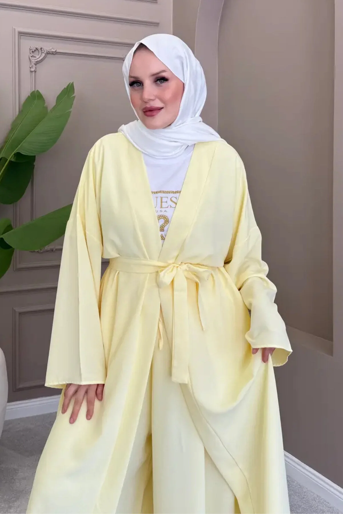 Balenbi Kadın Kuşaklı Kimono Hırka Bol Paça Pantolon 2'li Abaya Takım 1230 Sarı