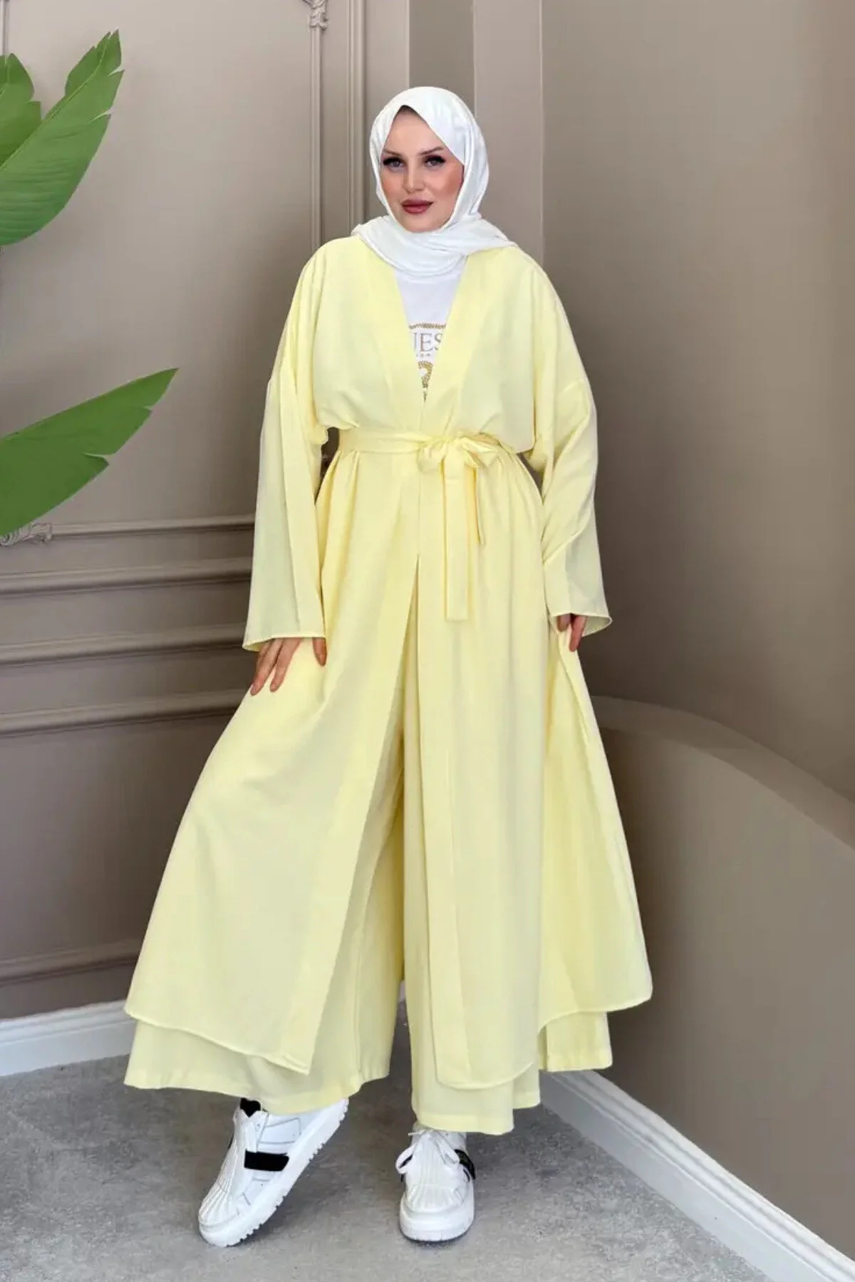 Balenbi Kadın Kuşaklı Kimono Hırka Bol Paça Pantolon 2'li Abaya Takım 1230 Sarı