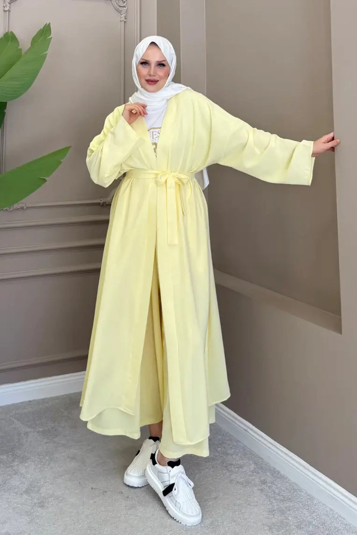 Balenbi Kadın Kuşaklı Kimono Hırka Bol Paça Pantolon 2'li Abaya Takım 1230 Sarı