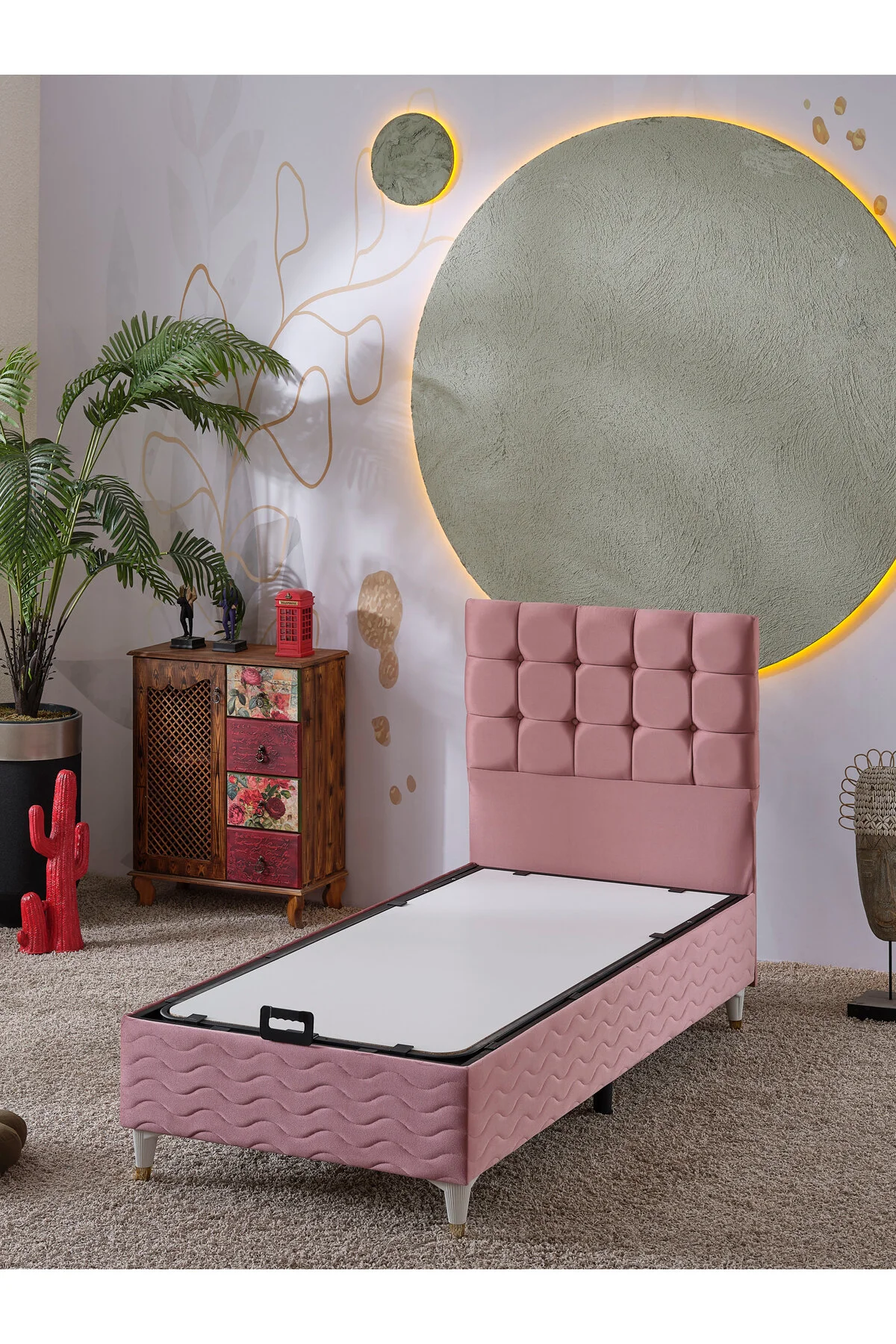 beehanem Bengü 90x190 Pembe Tek Kişilik Baza Başlık Seti Sandıklı Genç Odası 2'li Set Baza Başlık