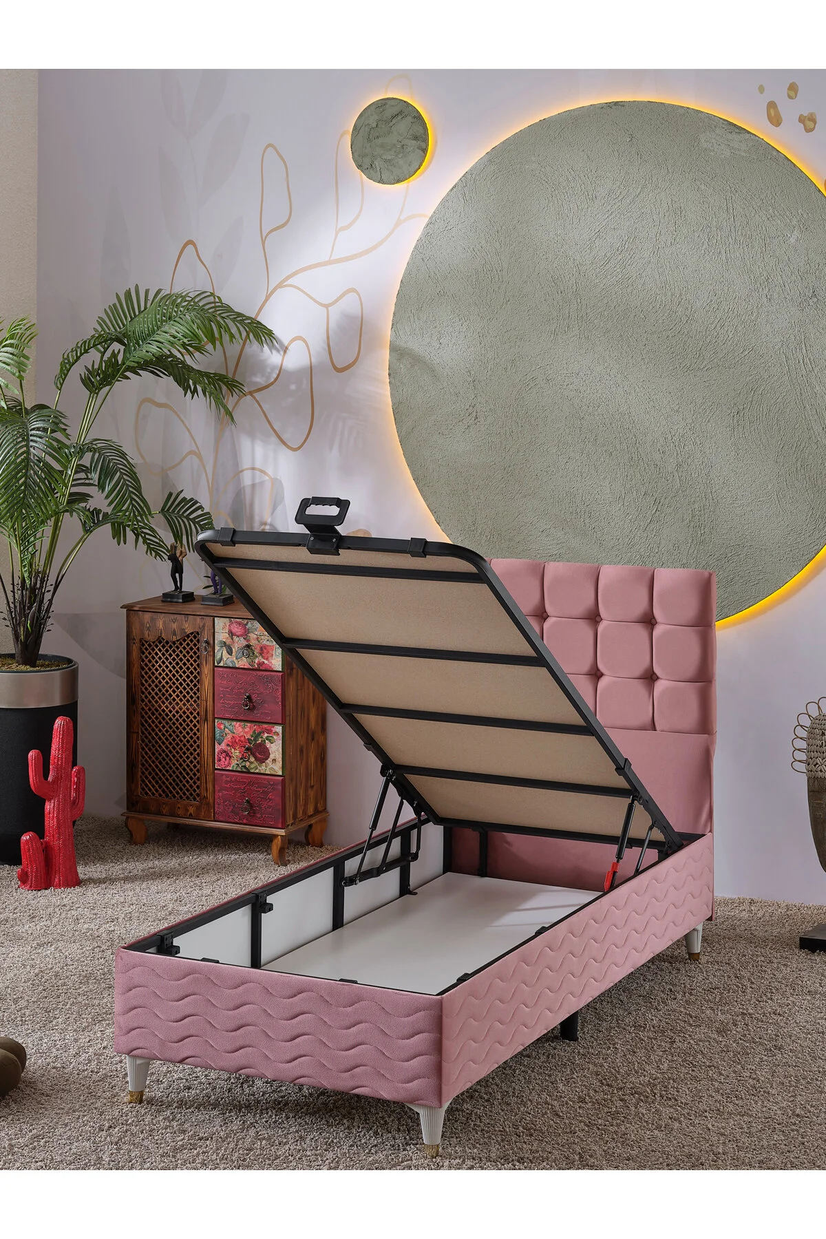 beehanem Bengü 90x190 Pembe Tek Kişilik Baza Başlık Seti Sandıklı Genç Odası 2'li Set Baza Başlık