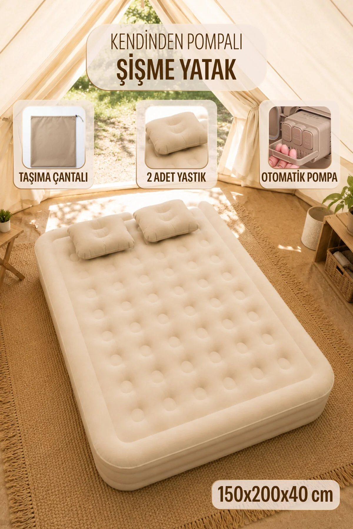Blooma Çift Kişilik Kendinden Pompalı Şişme Yatak 150x200x40 cm 2 Yastık- Şarjlı Dahili Pompalı