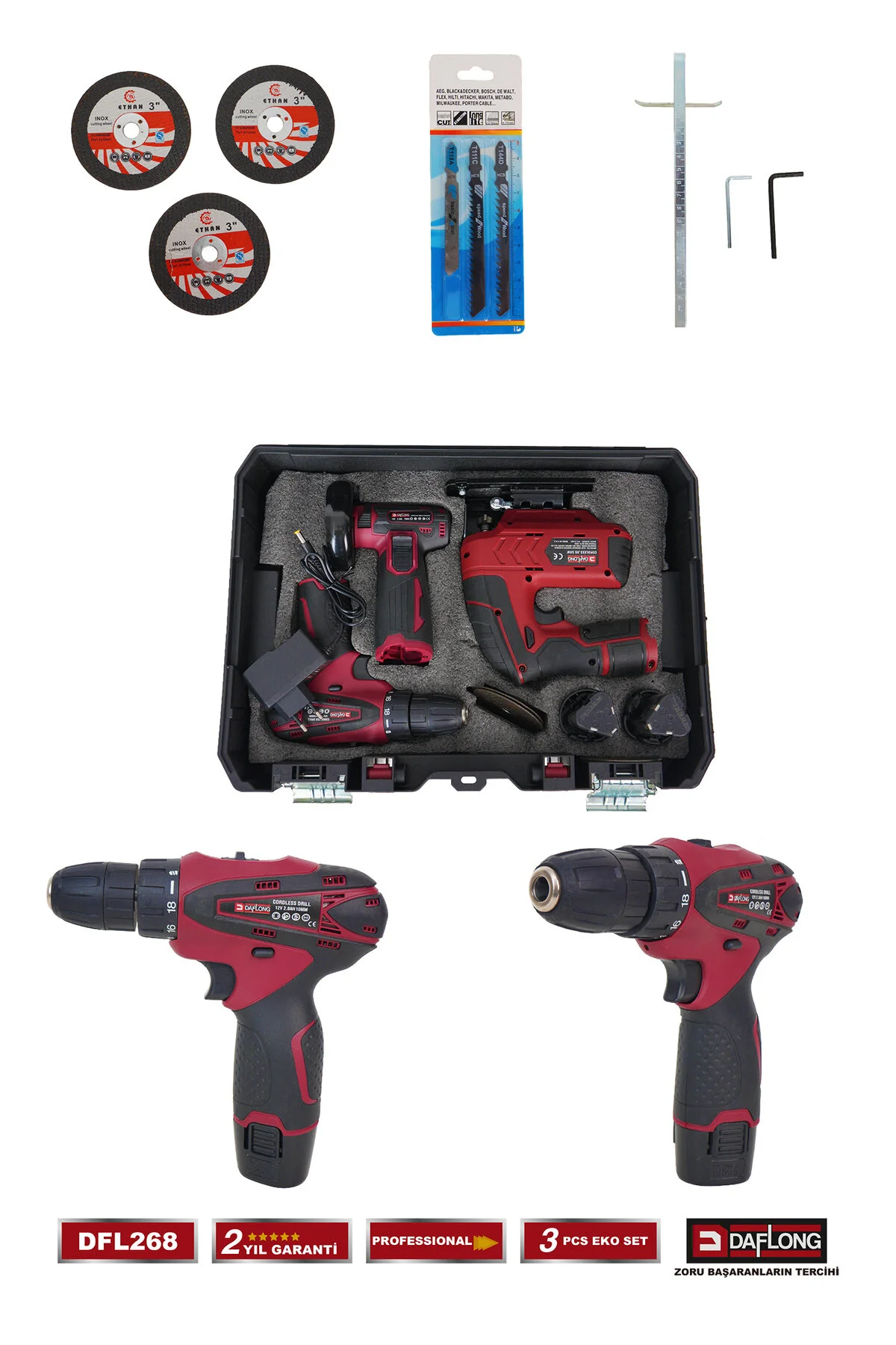 Daflong PRO BAKIR SARGILI MİNİ 3'LÜ HOBİ SETİ 76MM TAŞLAMA+DEKUPAJ+ARMUT BATARYA MATKAP DFL-268