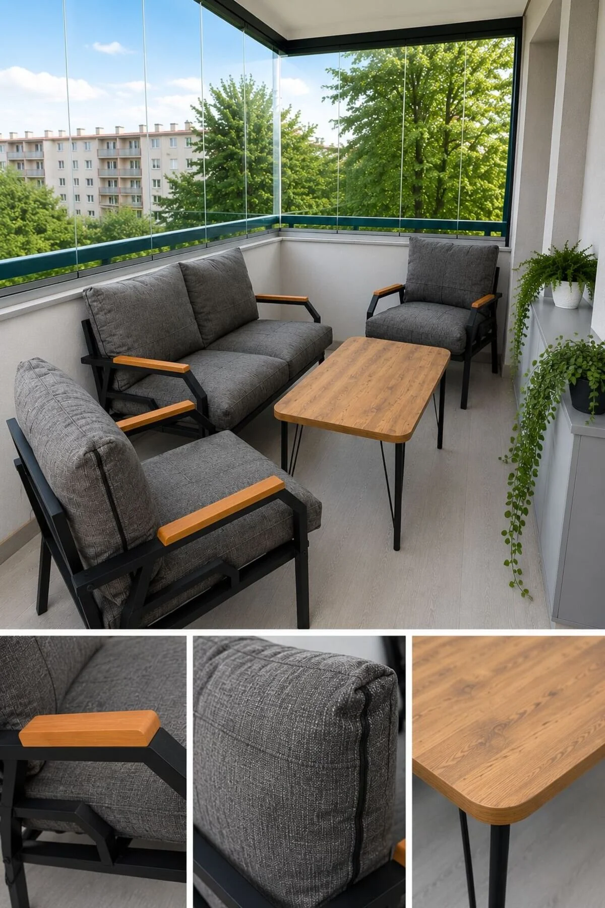 Dekoport Kutay Balkon Takımı, Bahçe Takımı, Çay Seti Koltuk Takımı, Metal Kanepe 2-1-1 50x80 Masalı Gri