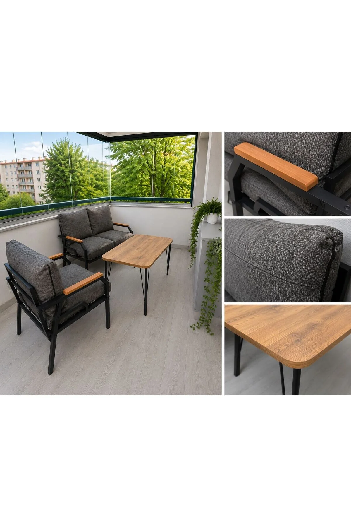 Dekoport Kutay Balkon Takımı, Bahçe Takımı, Çay Seti Koltuk Takımı, Metal Kanepe 2-1-1 50x80 Masalı Gri