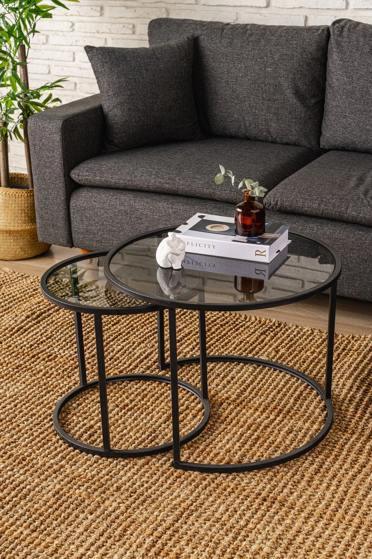 DEKOPRATİK - Tokyo Orta Sehpa 60cm - Ikili Yuvarlak Füme Camlı Orta Masa Takımı