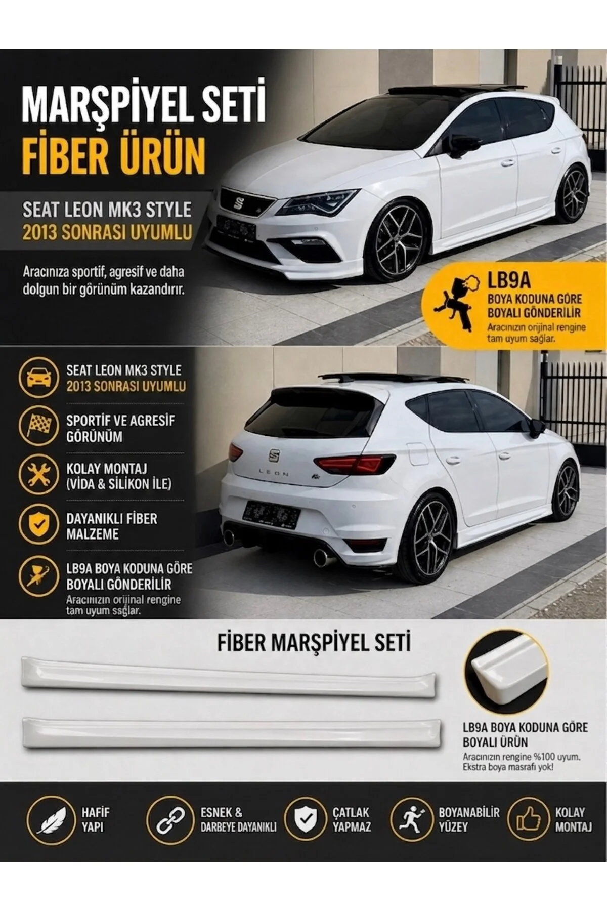 DEMİRTUNİNG Seat Leon Mk3 Mk3,5 Aero Marşpiyel Beyaz Boyalı Lb9a Şeker Beyazı Yan Etek Bodykit Fiber
