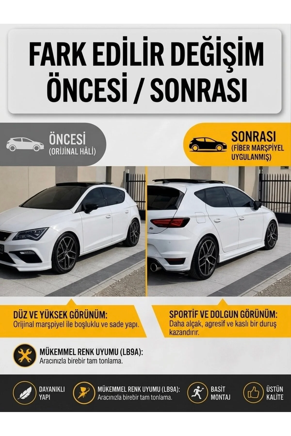 DEMİRTUNİNG Seat Leon Mk3 Mk3,5 Aero Marşpiyel Beyaz Boyalı Lb9a Şeker Beyazı Yan Etek Bodykit Fiber