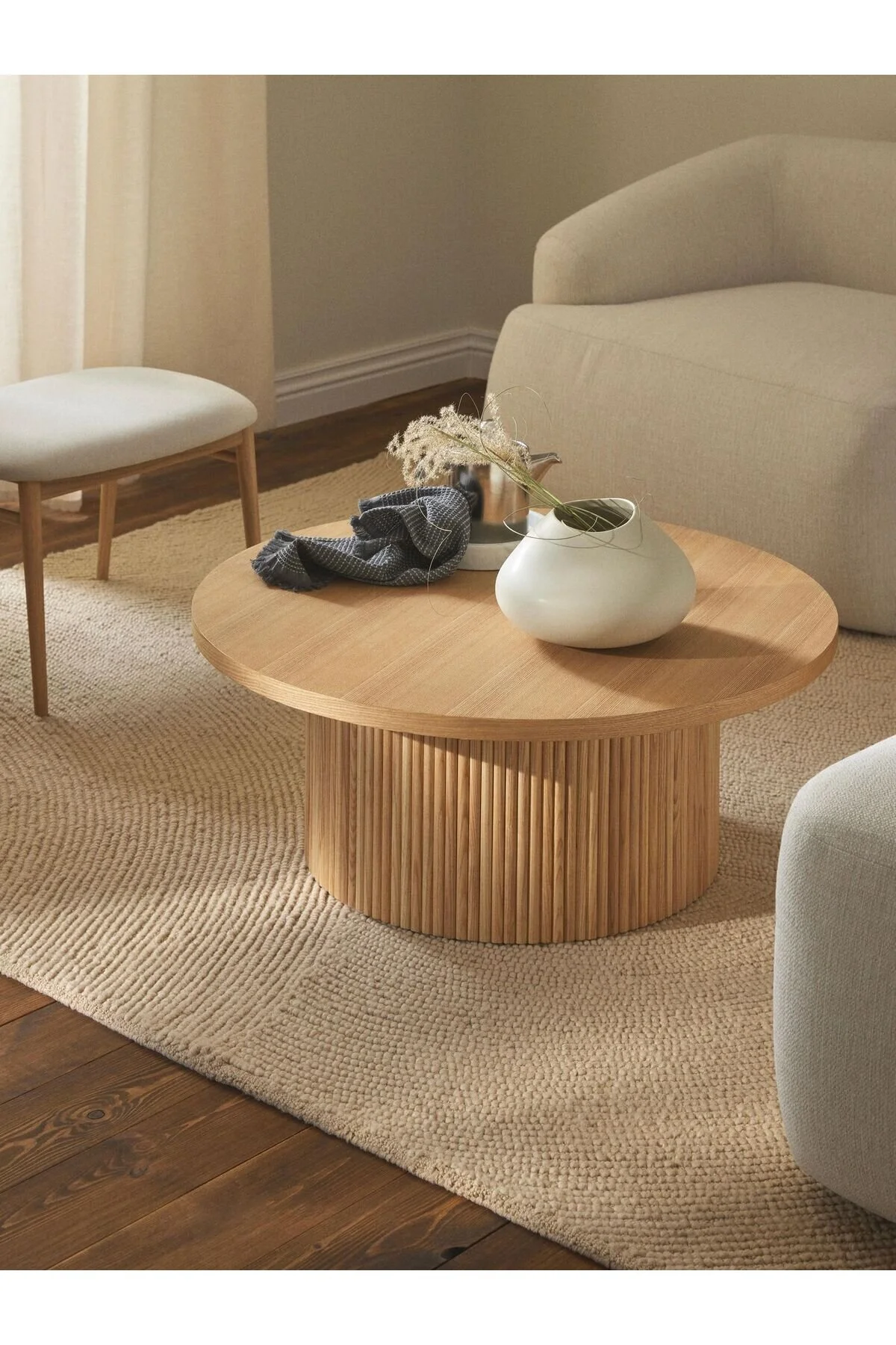 Eriza Home 1010 Yuvarlak Modern Çıtalı Orta Sehpa, Naturel