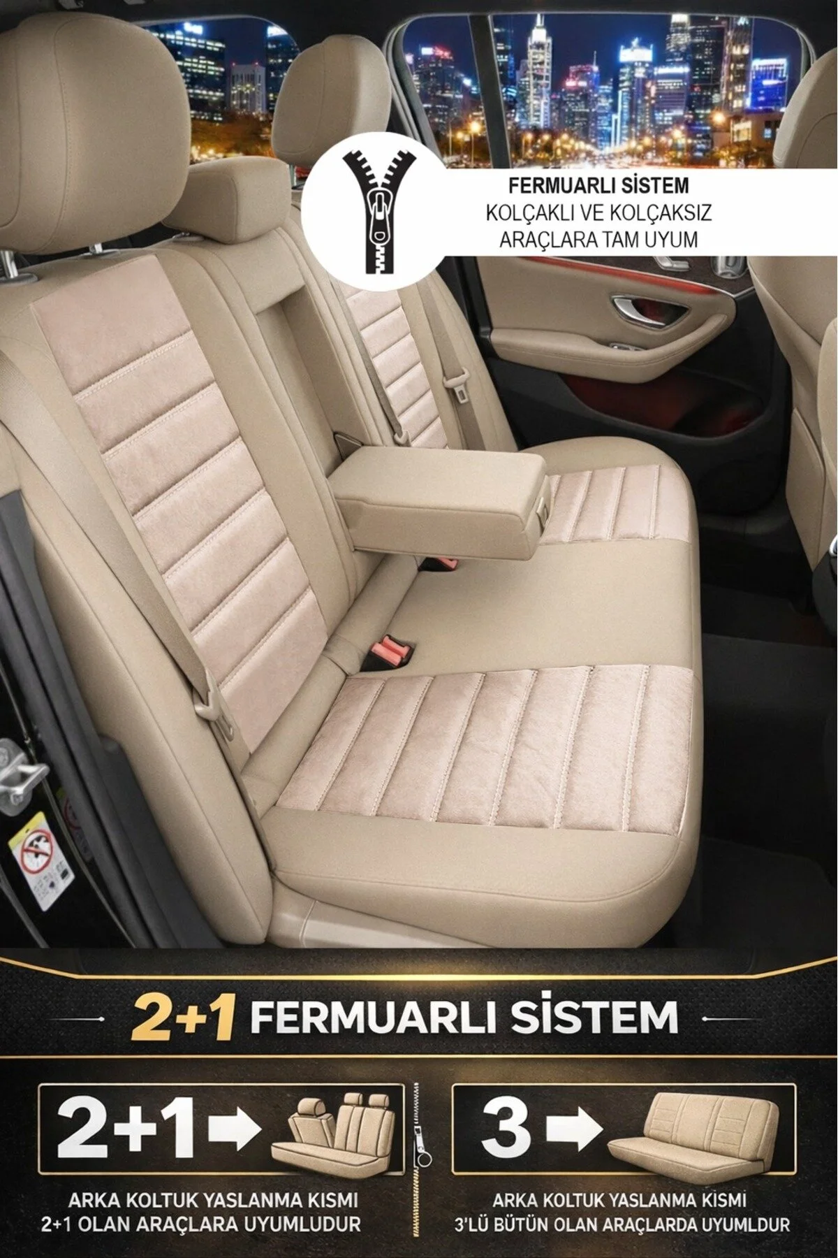 GM-DESIGN Oniks Bej Tay Tüyü Üniversal Oto Koltuk Kılıfı - 5 Koltuk Tam Set