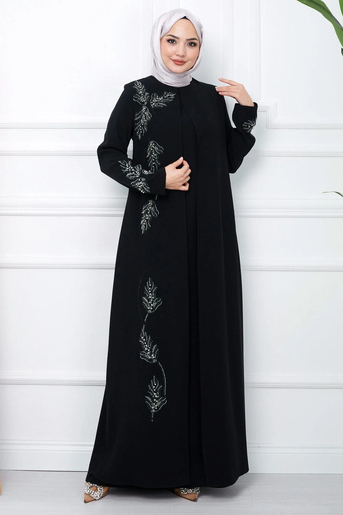 hafsamina Büyük Beden Yaprak Taşlı Anne Elbisesi Siyah HM2350