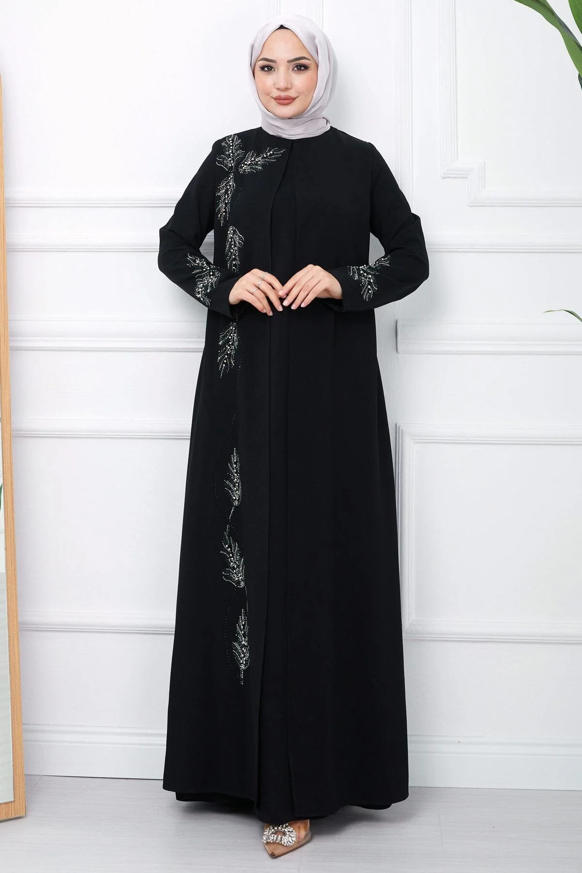 hafsamina Büyük Beden Yaprak Taşlı Anne Elbisesi Siyah HM2350