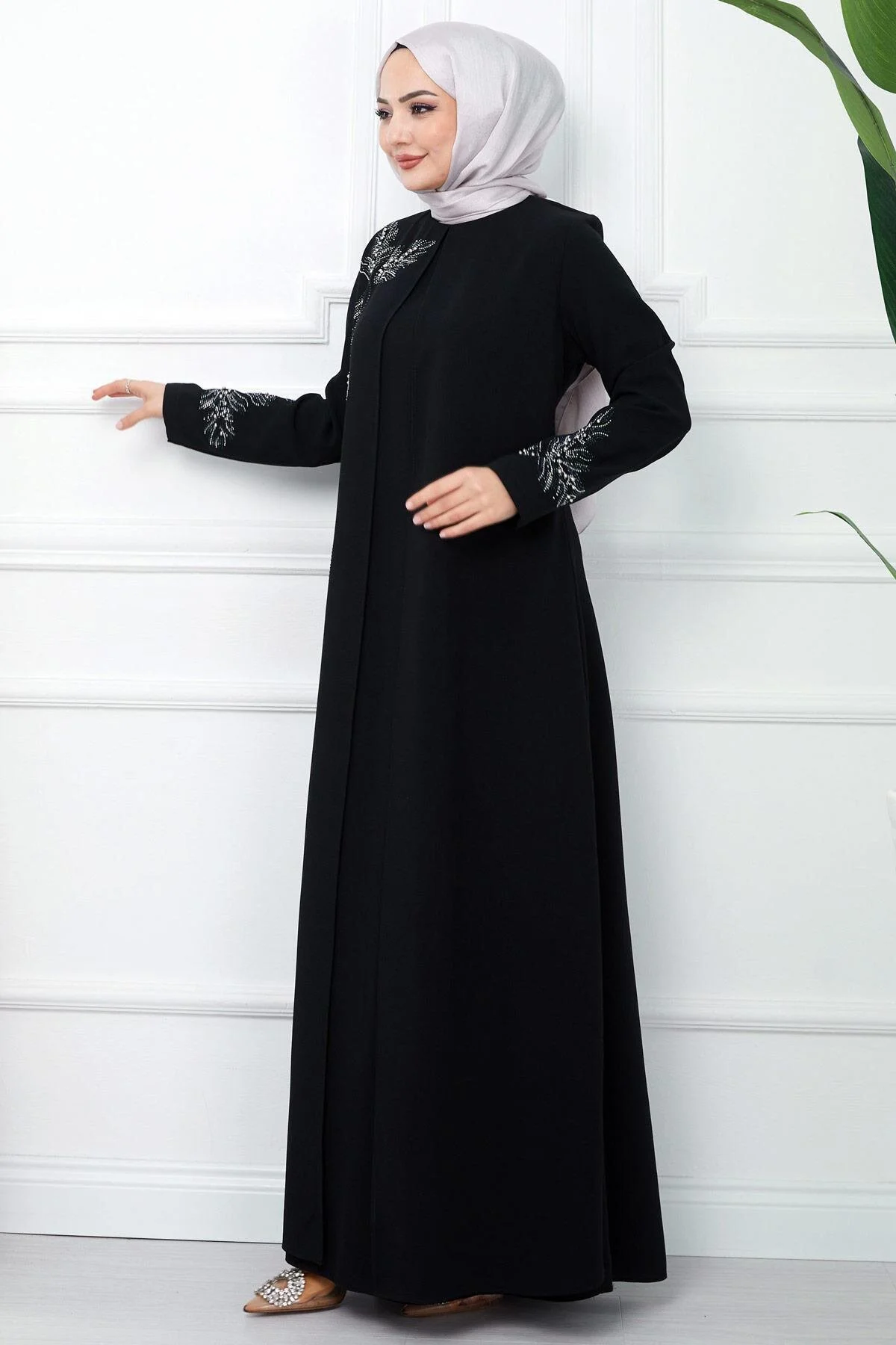 hafsamina Büyük Beden Yaprak Taşlı Anne Elbisesi Siyah HM2350