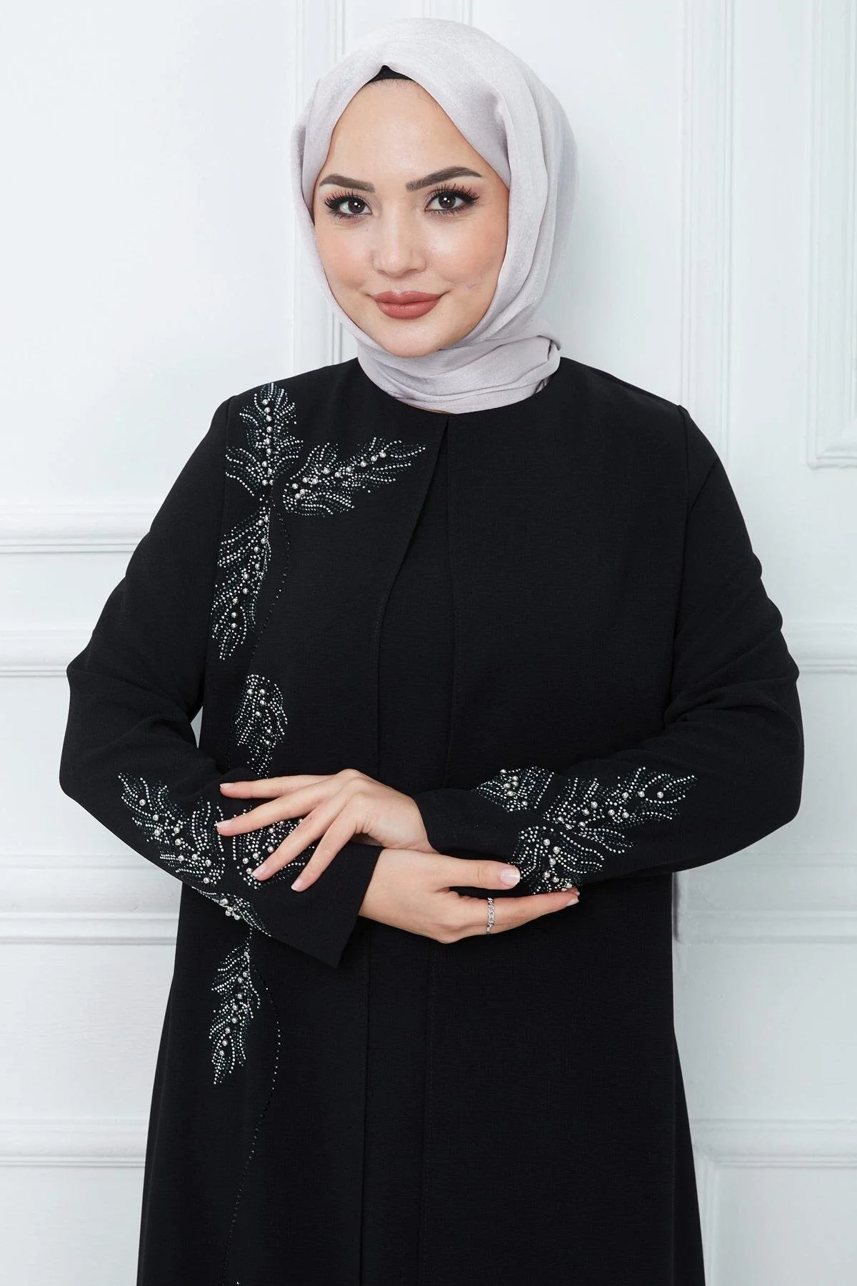 hafsamina Büyük Beden Yaprak Taşlı Anne Elbisesi Siyah HM2350