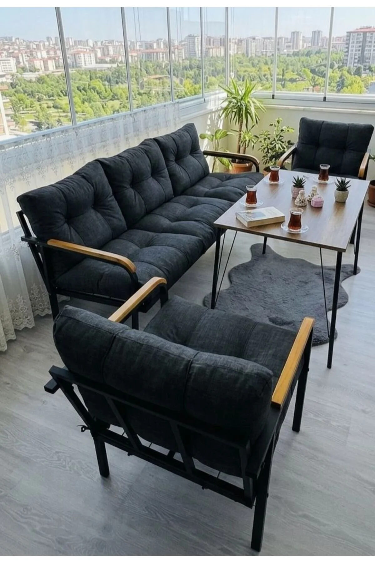 Madame Home Açelya Balkon, Bahçe, Cafe - Salon - Metal Kanepe Koltuk Takımı 3+1+1 + Masa