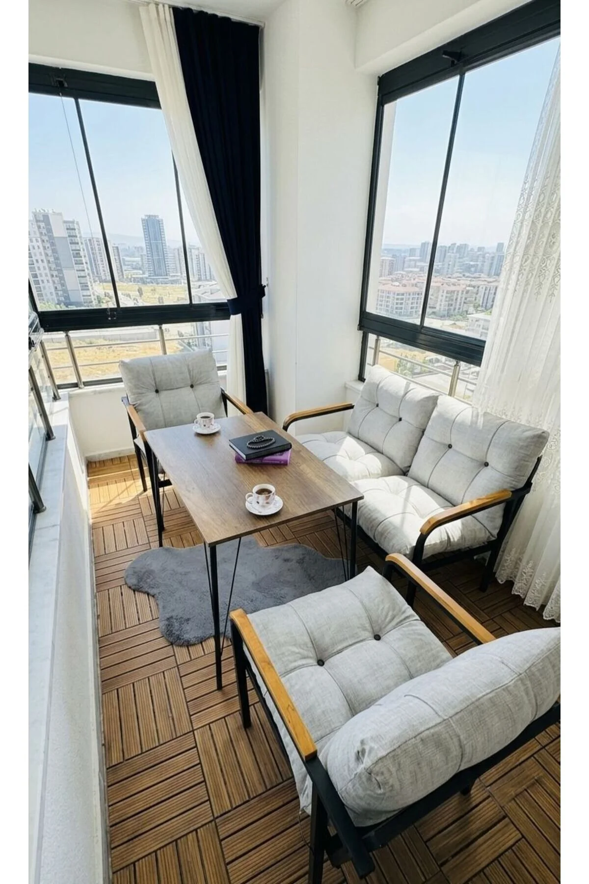 Madame Home Gri Kadife Balkon, Bahçe,Teras,Cafe - Salon - Metal Kanepe Koltuk Takımı - 2+1+1 + Masa