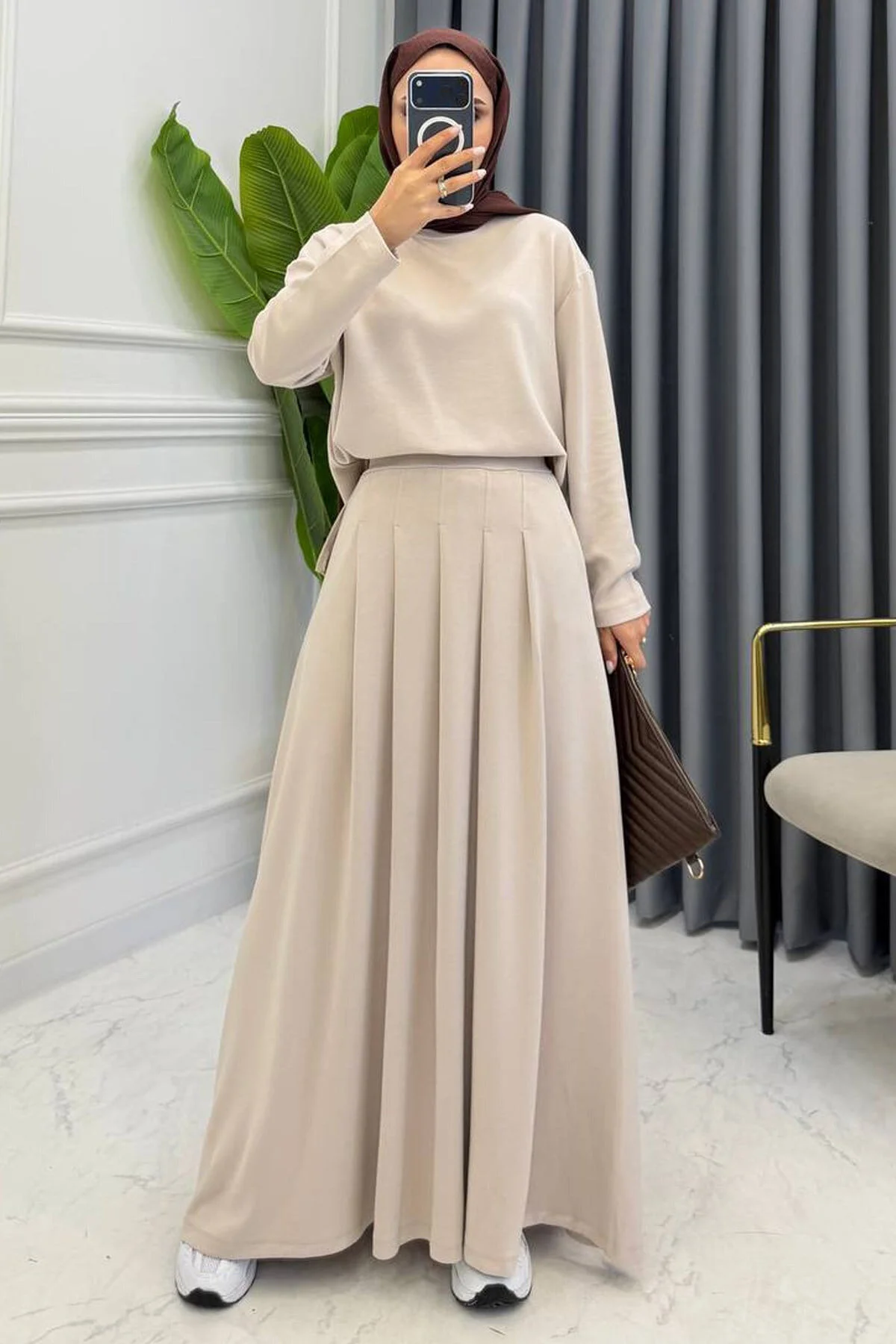 Mogi Butik Pileli Uzun Etekli Modal Tesettür Oversize Kadın Takım 3201