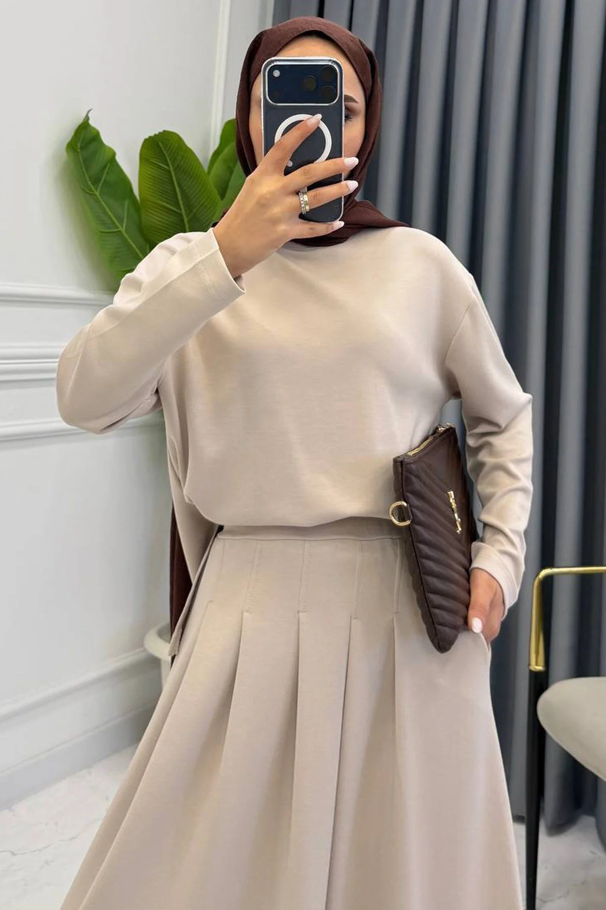 Mogi Butik Pileli Uzun Etekli Modal Tesettür Oversize Kadın Takım 3201