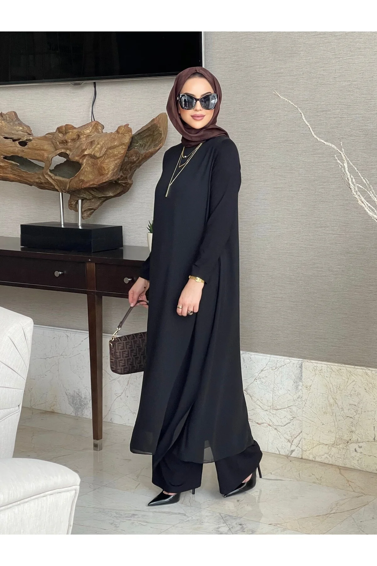 Mürdüm butik Pamuk/Viskon ve Şifon Kumaşlı İkili Takım-Siyah