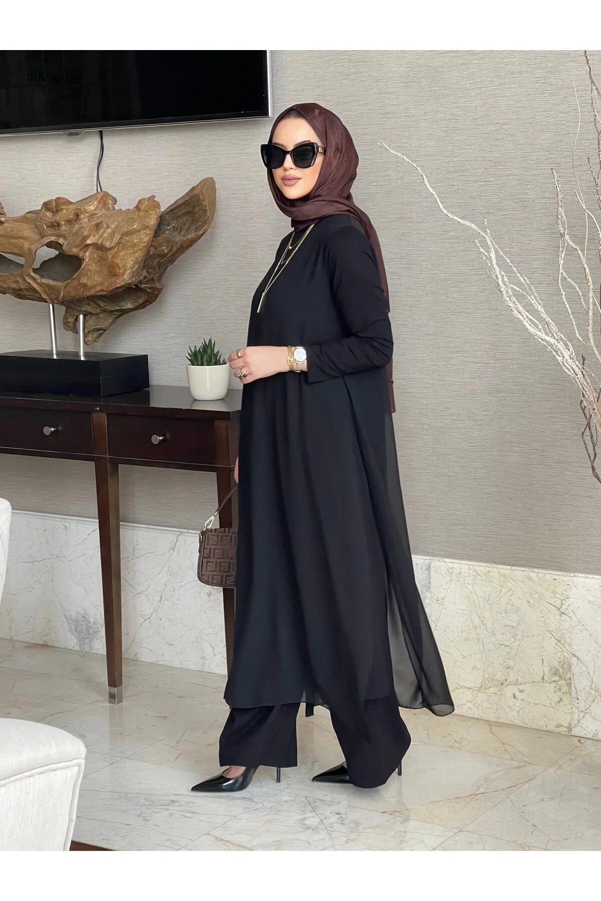 Mürdüm butik Pamuk/Viskon ve Şifon Kumaşlı İkili Takım-Siyah