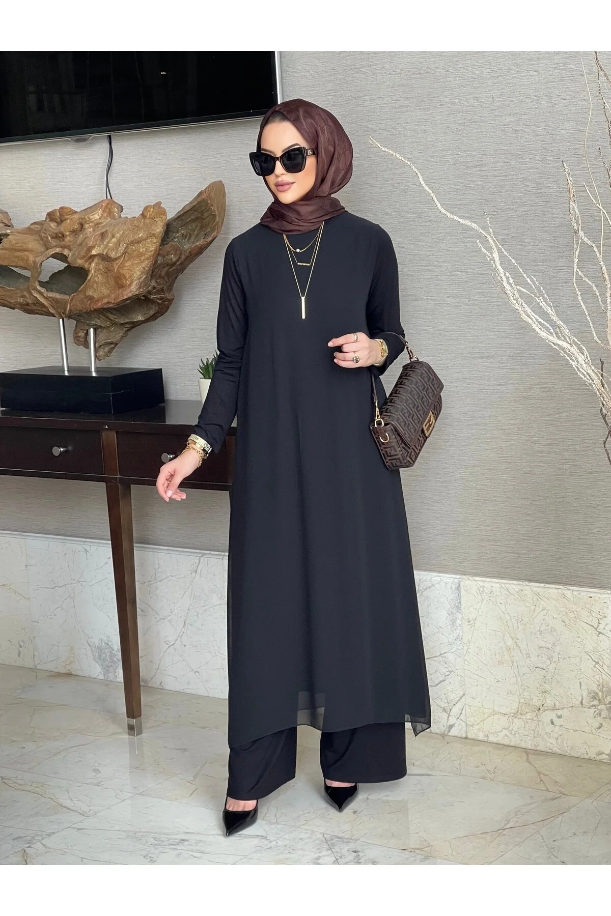Mürdüm butik Pamuk/Viskon ve Şifon Kumaşlı İkili Takım-Siyah