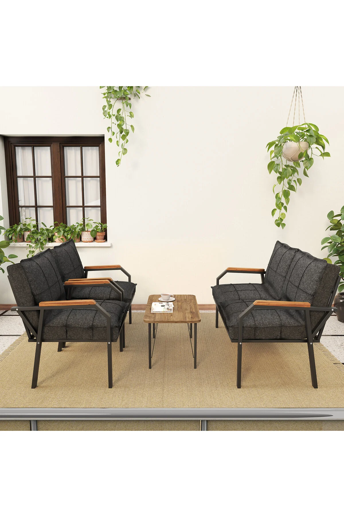 Mygusi Hayal Balkon, Bahçe, Cafe, Metal Kanepe Koltuk Takımı , Bahçe Mobilyası, 211 Sehpalı - Antrasit