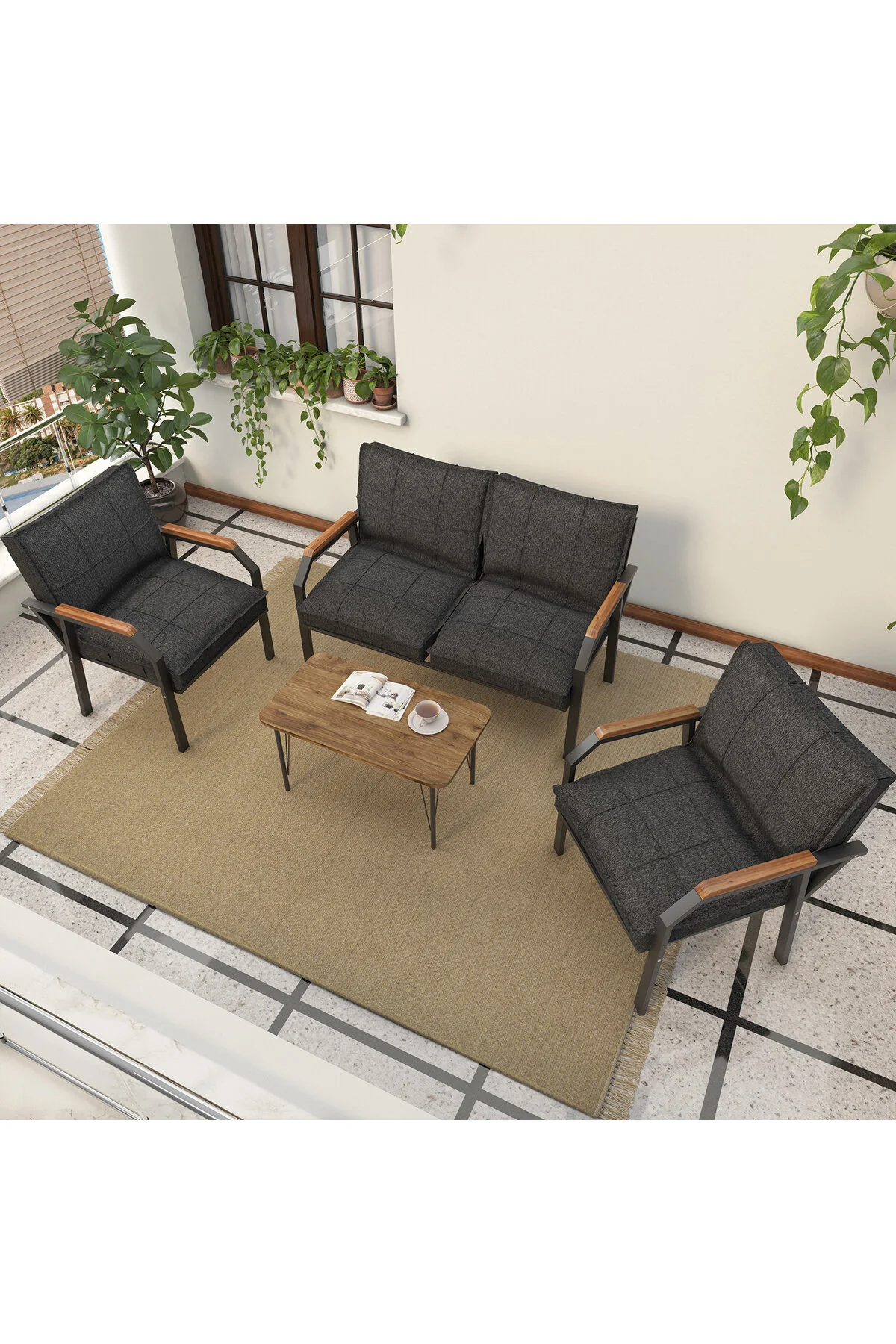 Mygusi Hayal Balkon, Bahçe, Cafe, Metal Kanepe Koltuk Takımı , Bahçe Mobilyası, 211 Sehpalı - Antrasit