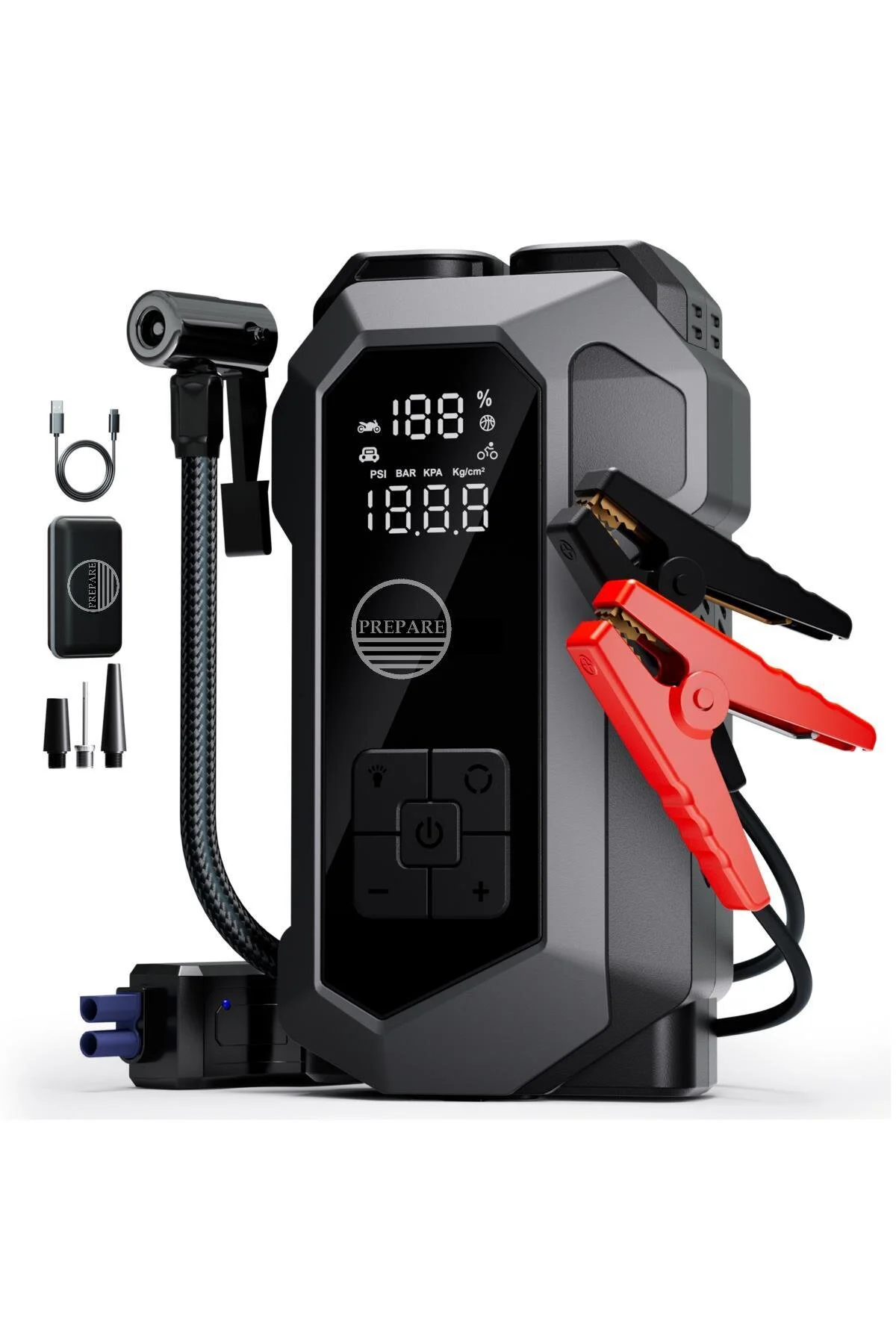 PREPARE Akü Takviye Cihazı ve Lastik Hava Kompresörü Uyarı Işıklı ve Powerbanklı 16.000 mAh Akım Korumalı