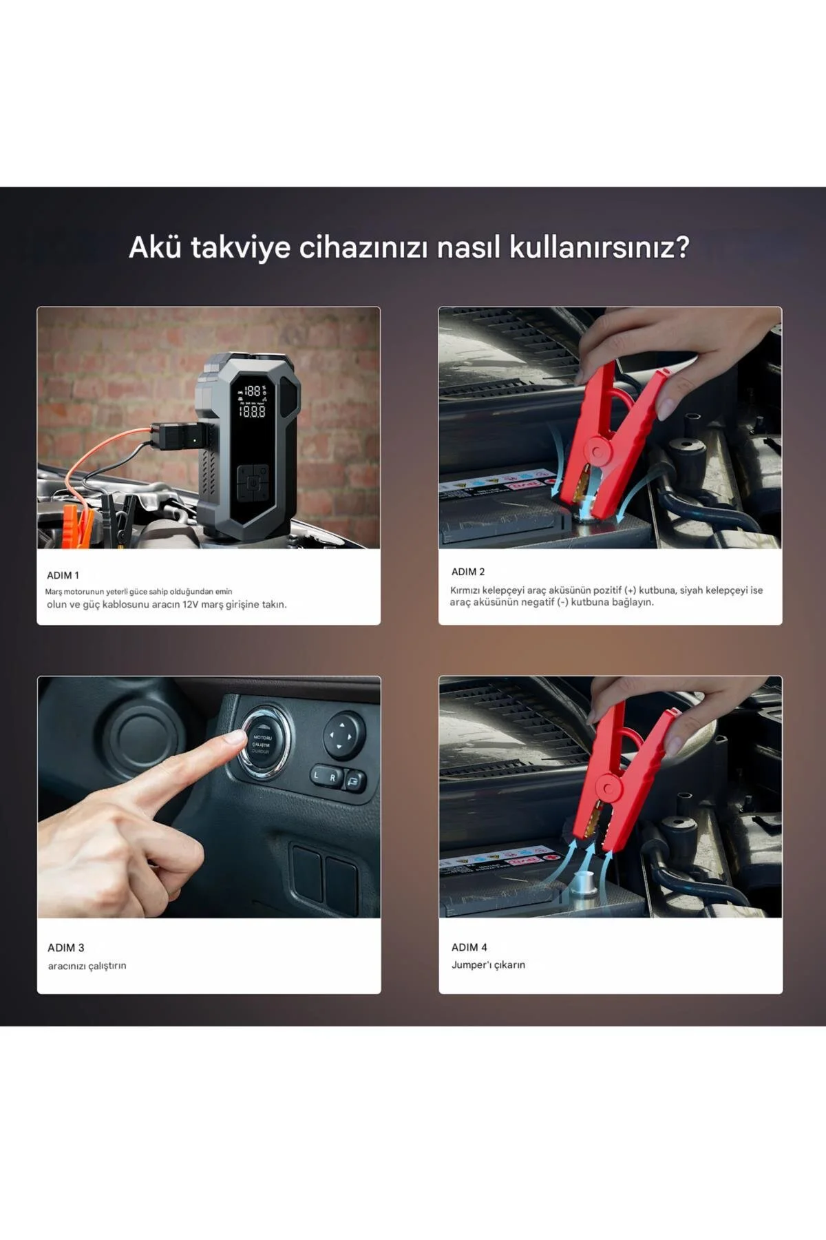 PREPARE Akü Takviye Cihazı ve Lastik Hava Kompresörü Uyarı Işıklı ve Powerbanklı 16.000 mAh Akım Korumalı