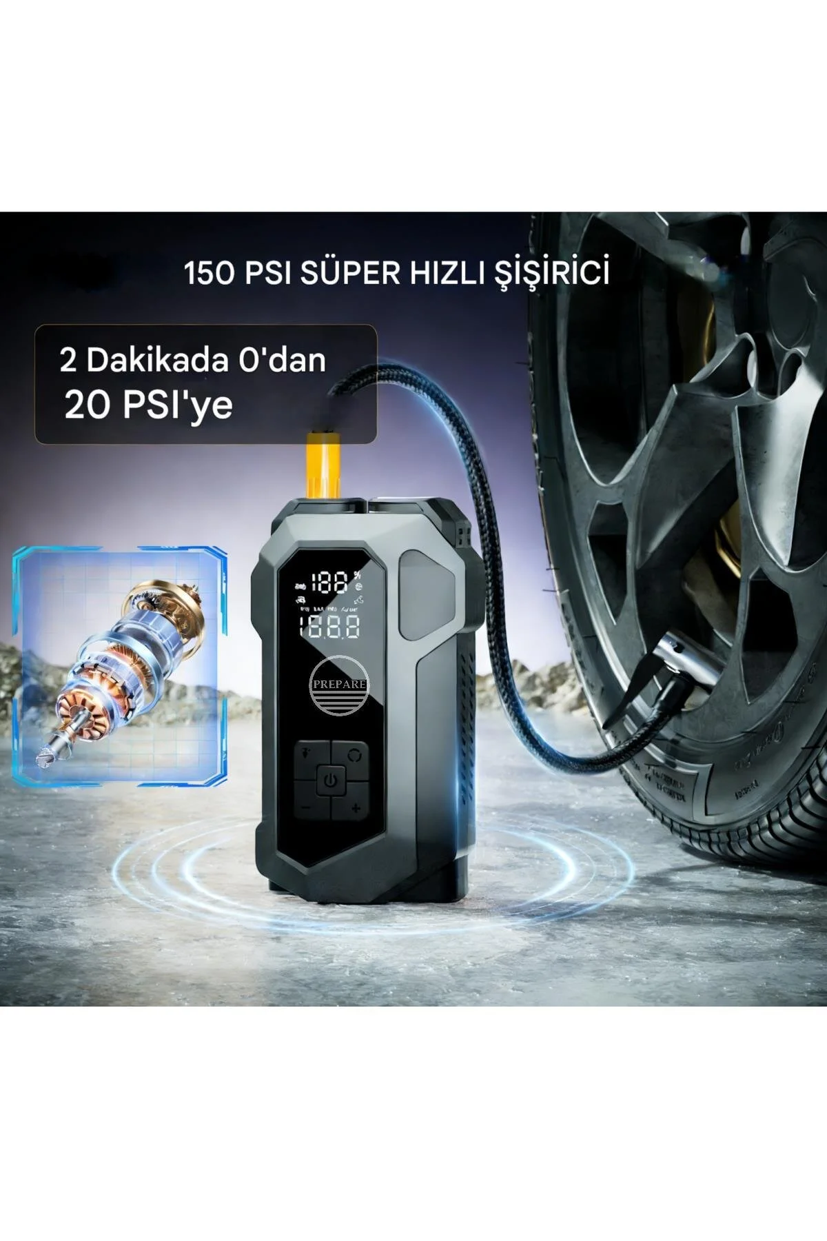 PREPARE Akü Takviye Cihazı ve Lastik Hava Kompresörü Uyarı Işıklı ve Powerbanklı 16.000 mAh Akım Korumalı
