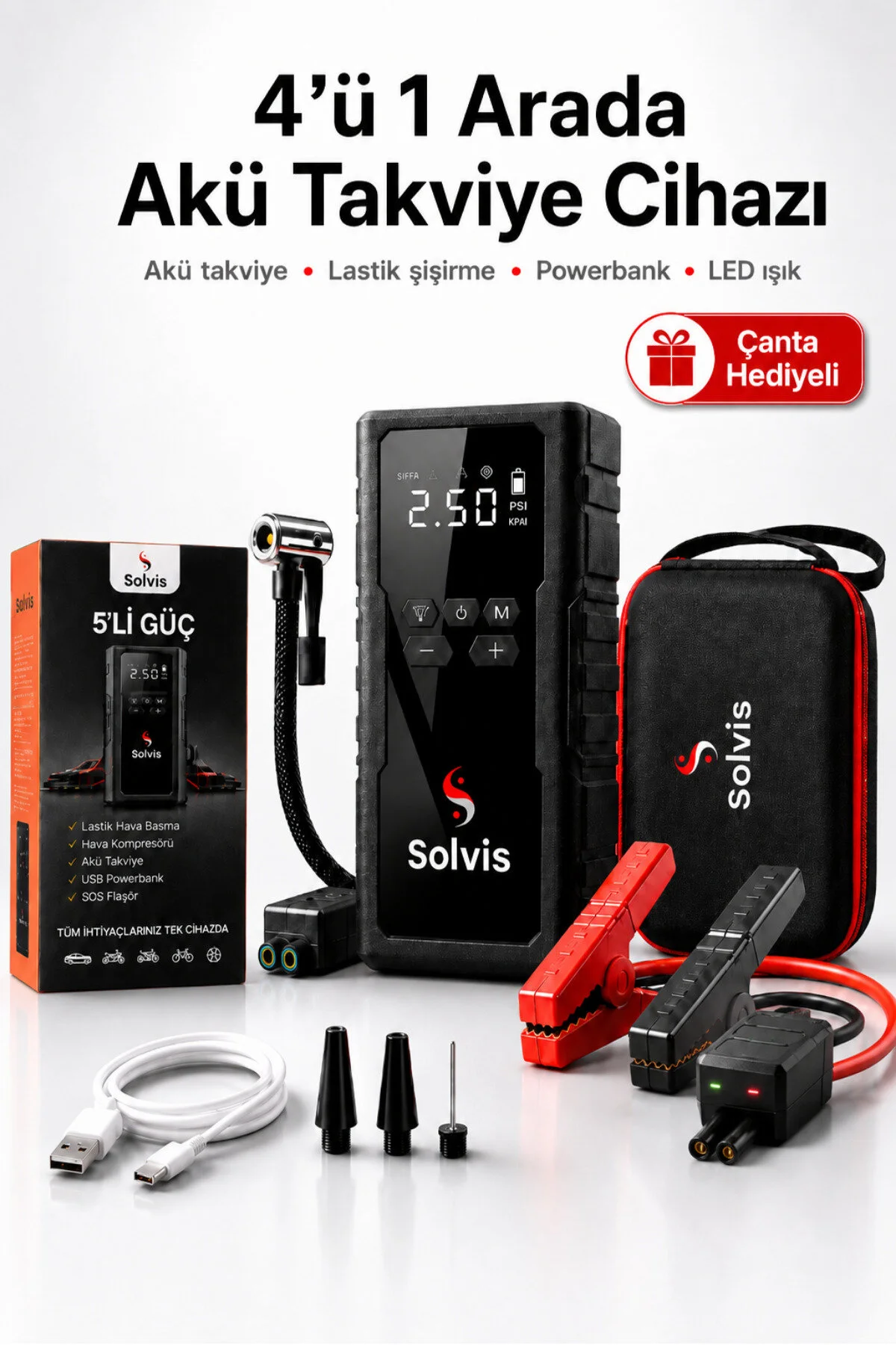 solvis Akıllı Akü Takviye Cihazı 4’ü 1 Arada – Lastik Şişirme, Powerbank, LED El Feneri ve Akım Korumalı Kelepçe | Taşıma Çantası Hediyeli