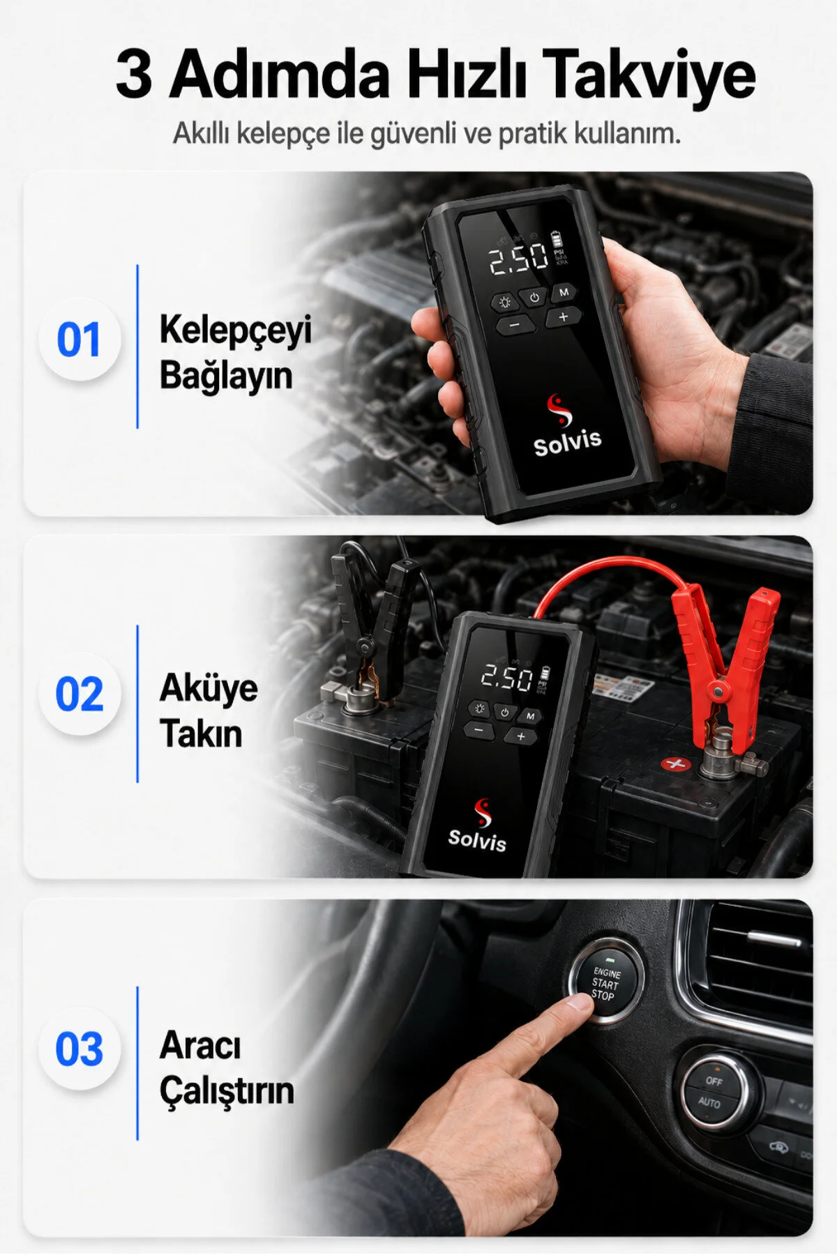 solvis Akıllı Akü Takviye Cihazı 4’ü 1 Arada – Lastik Şişirme, Powerbank, LED El Feneri ve Akım Korumalı Kelepçe | Taşıma Çantası Hediyeli