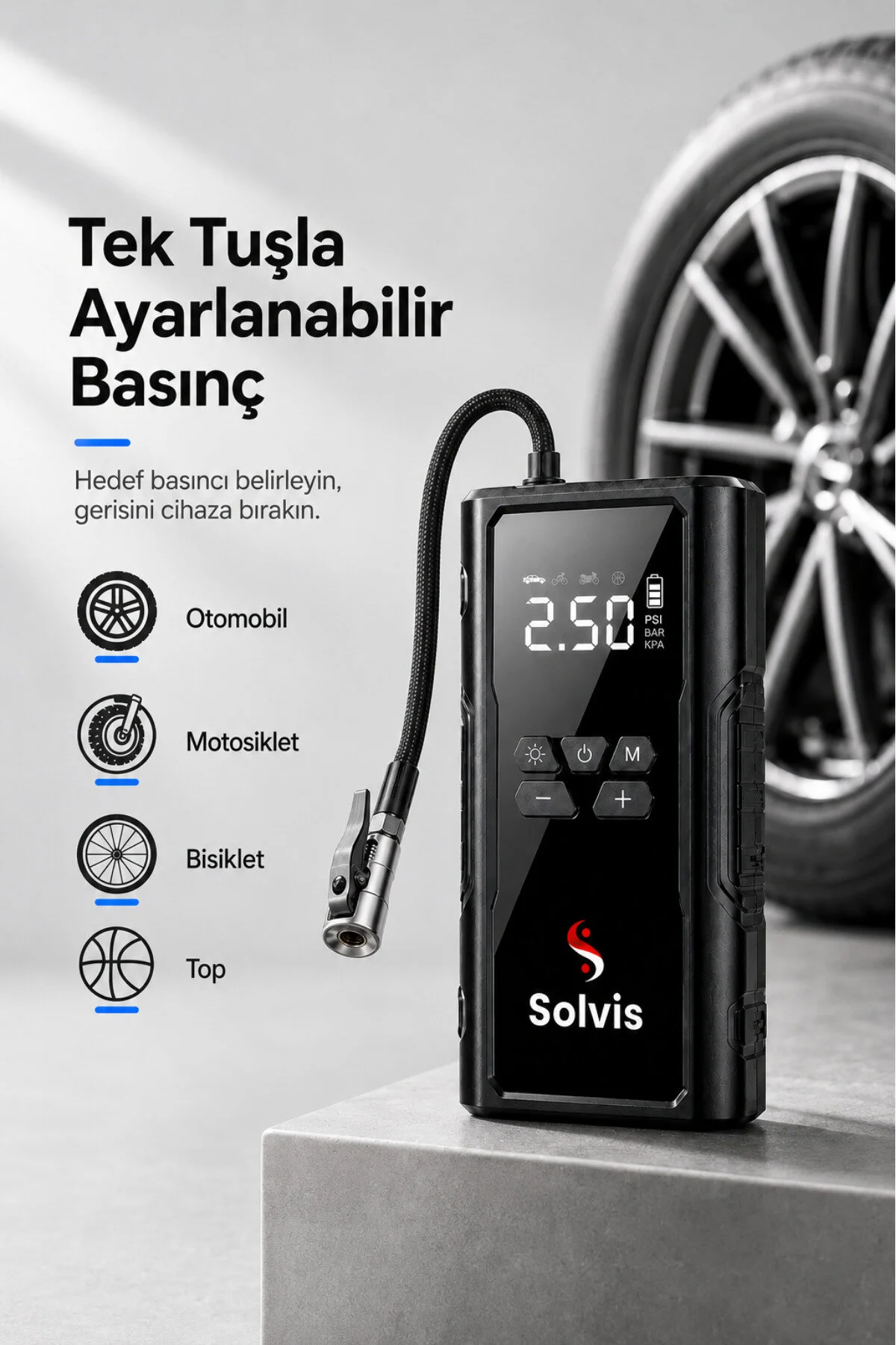solvis Akıllı Akü Takviye Cihazı 4’ü 1 Arada – Lastik Şişirme, Powerbank, LED El Feneri ve Akım Korumalı Kelepçe | Taşıma Çantası Hediyeli