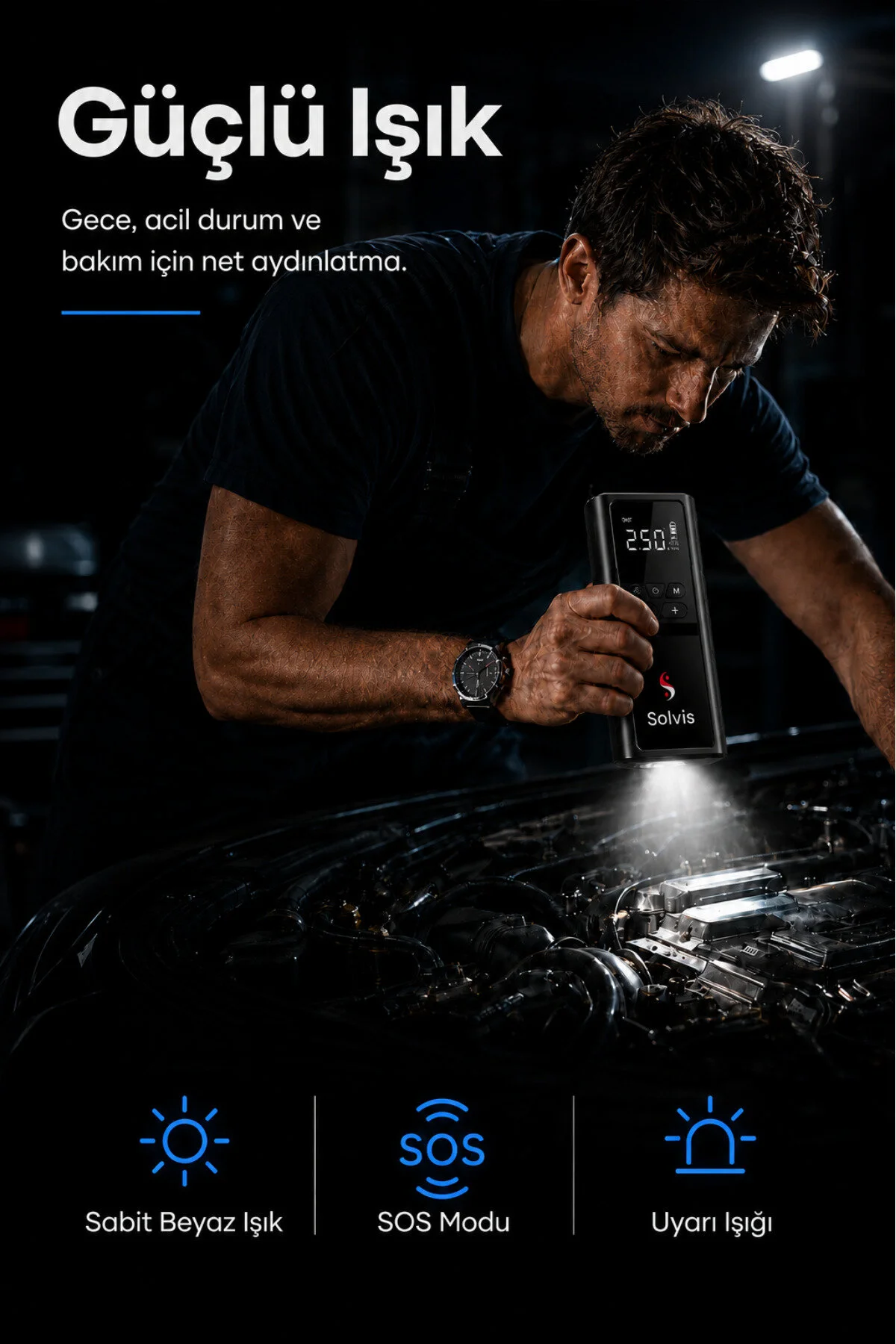 solvis Akıllı Akü Takviye Cihazı 4’ü 1 Arada – Lastik Şişirme, Powerbank, LED El Feneri ve Akım Korumalı Kelepçe | Taşıma Çantası Hediyeli