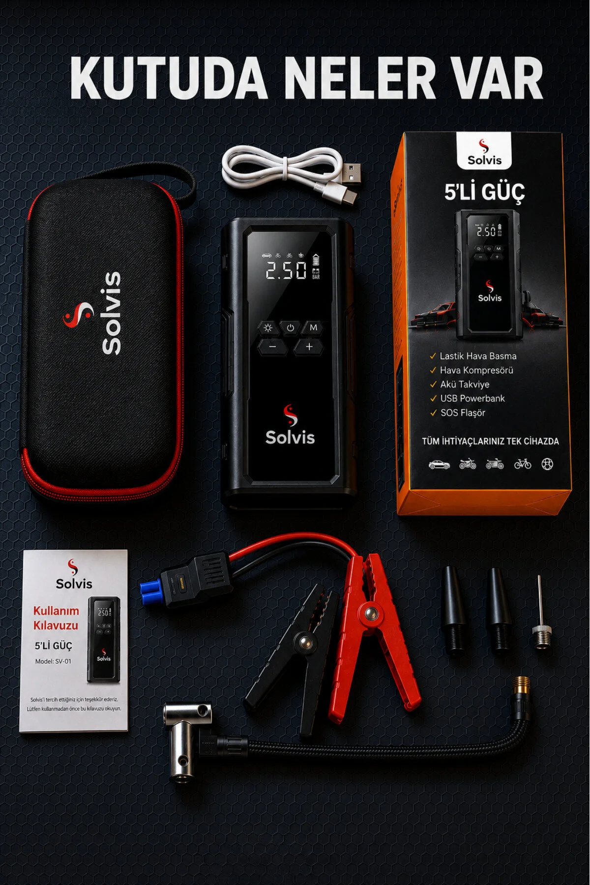 solvis Akıllı Akü Takviye Cihazı 4’ü 1 Arada – Lastik Şişirme, Powerbank, LED El Feneri ve Akım Korumalı Kelepçe | Taşıma Çantası Hediyeli