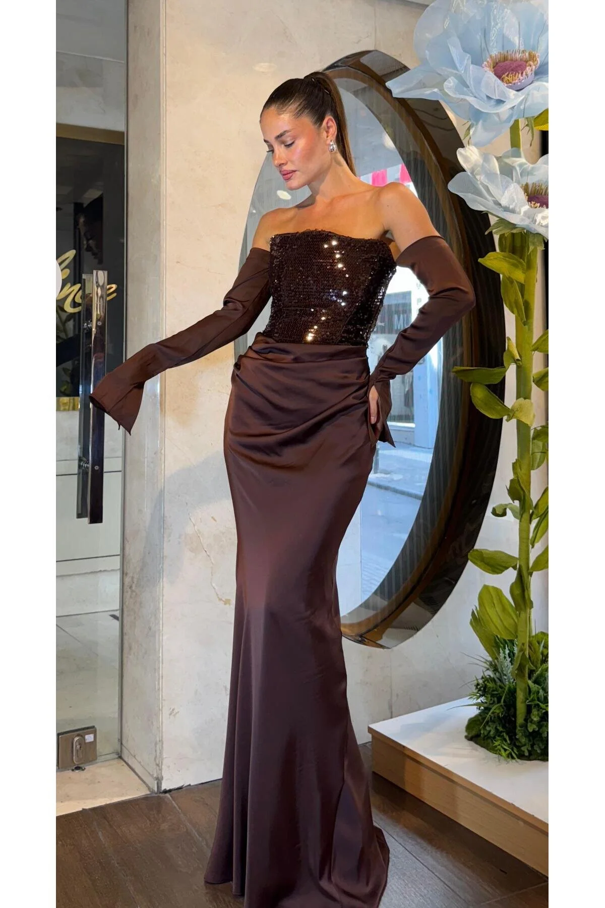 SpringStore Kahve Üstü Payet Altı Krep Abiye