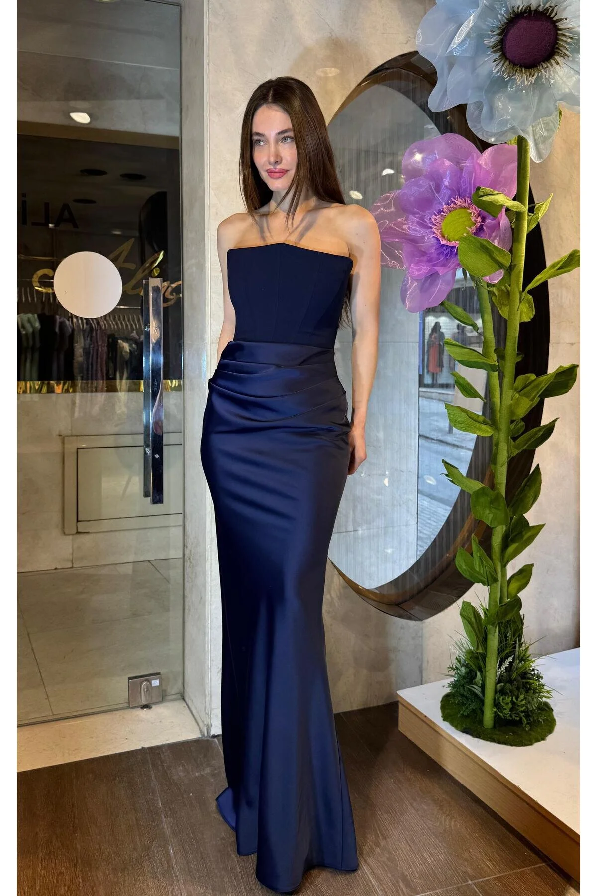 SpringStore Lacivert Üstü Krep Altı Saten Abiye