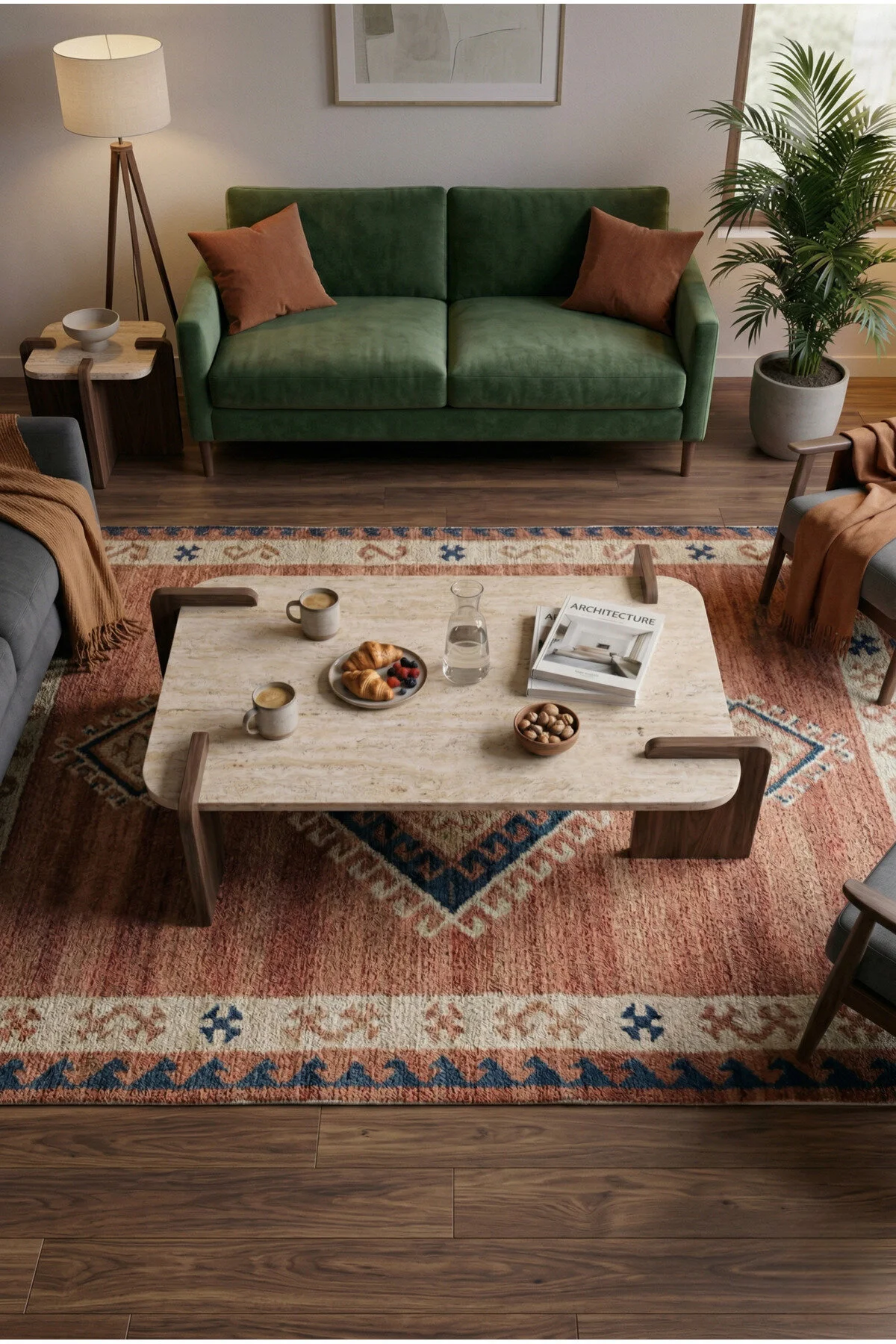 tridihome Traverten Orta Sehpa Modern Ceviz Ayaklı Dikdörtgen Doğal Taş görünüm Salon Sehpası Premium Tasarım