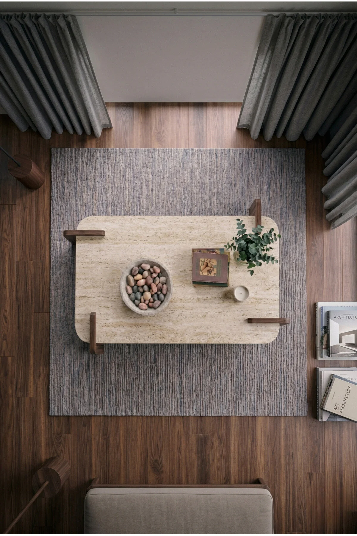 tridihome Traverten Orta Sehpa Modern Ceviz Ayaklı Dikdörtgen Doğal Taş görünüm Salon Sehpası Premium Tasarım