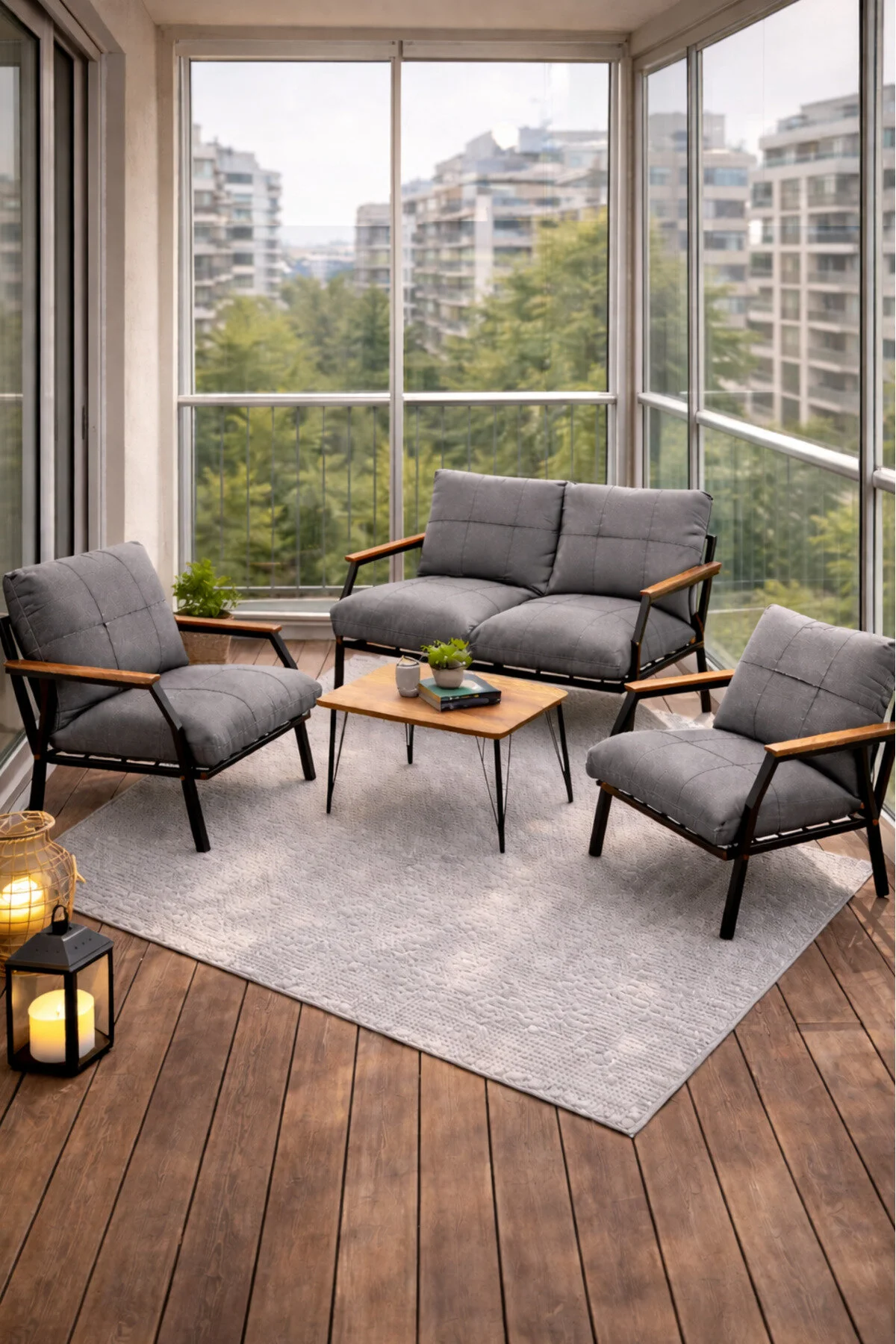 UFUK HOME Linda 211 Sehpalı Gri Fermuarlı Bahçe Balkon Takımı, Cafe, Salon - Metal Kanepe Koltuk Takımı