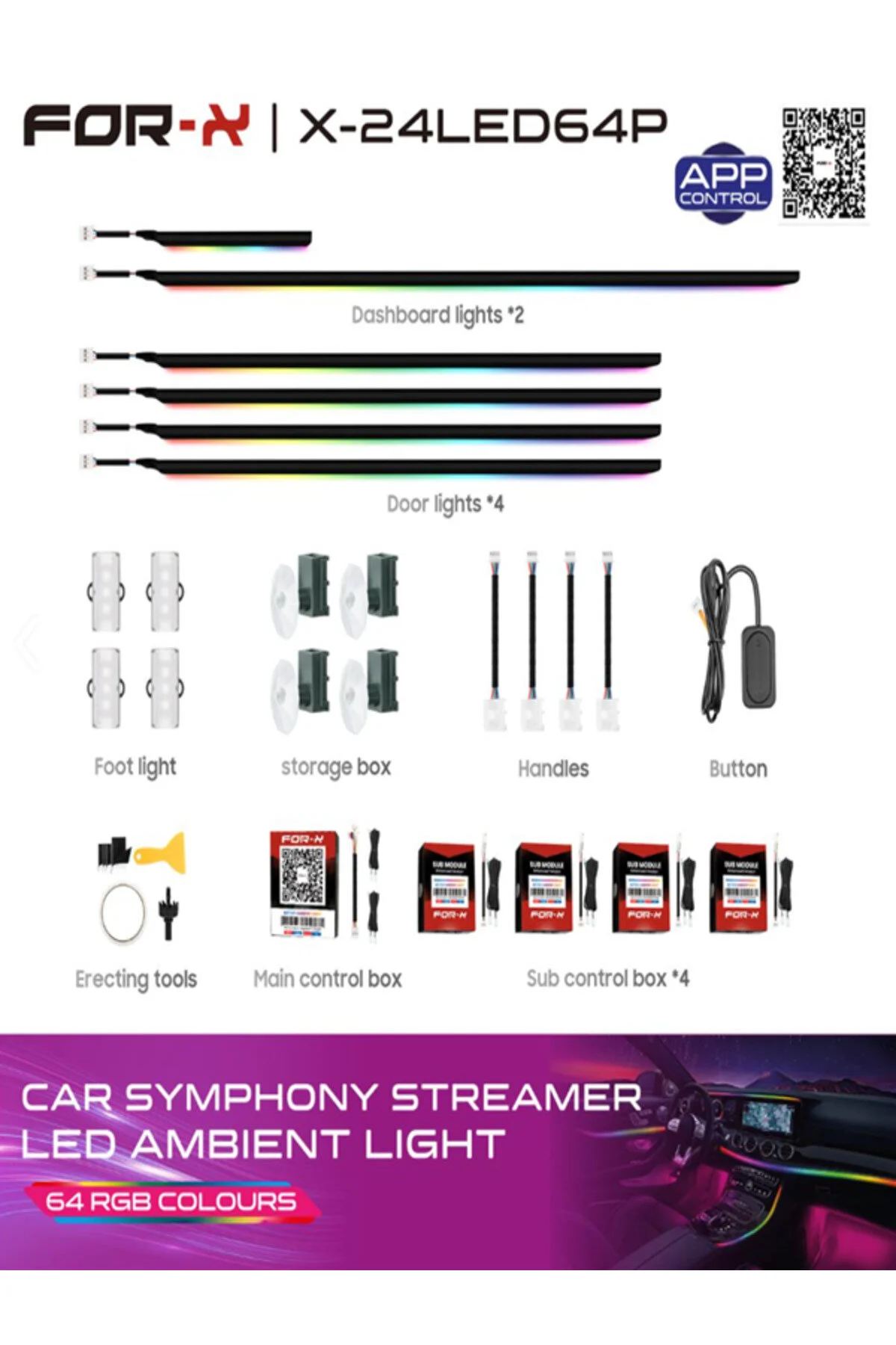 WAAWSTAR Araç içi Ambiyans Aydınlatma fF0rR-X X-24-led-64 Led Ambians Dynamic 64 Renk