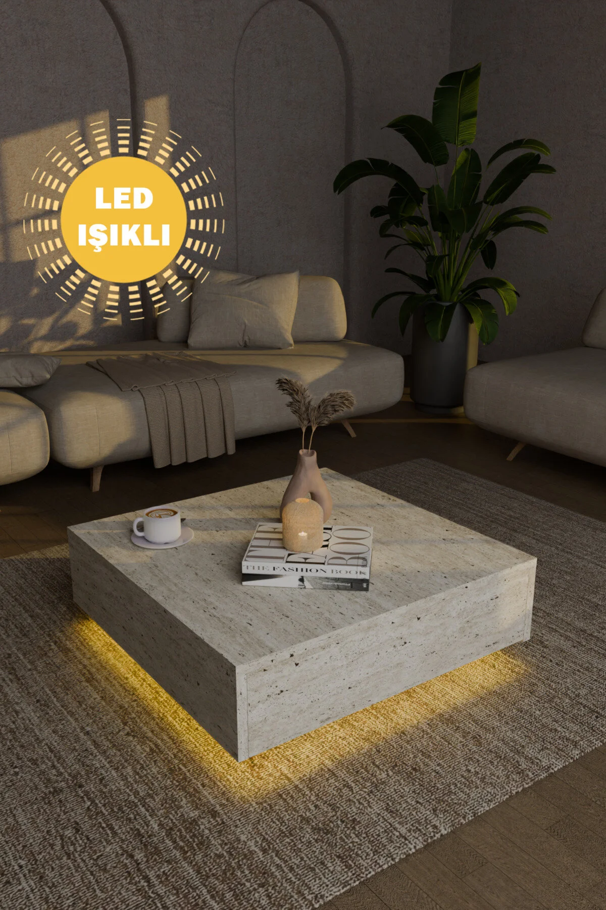 webotto 8 Nisay Led Işıklı Kare Orta Sehpa Uçan Yeni Nesil Modern Küp Sehpa Traverten Mermer Desen