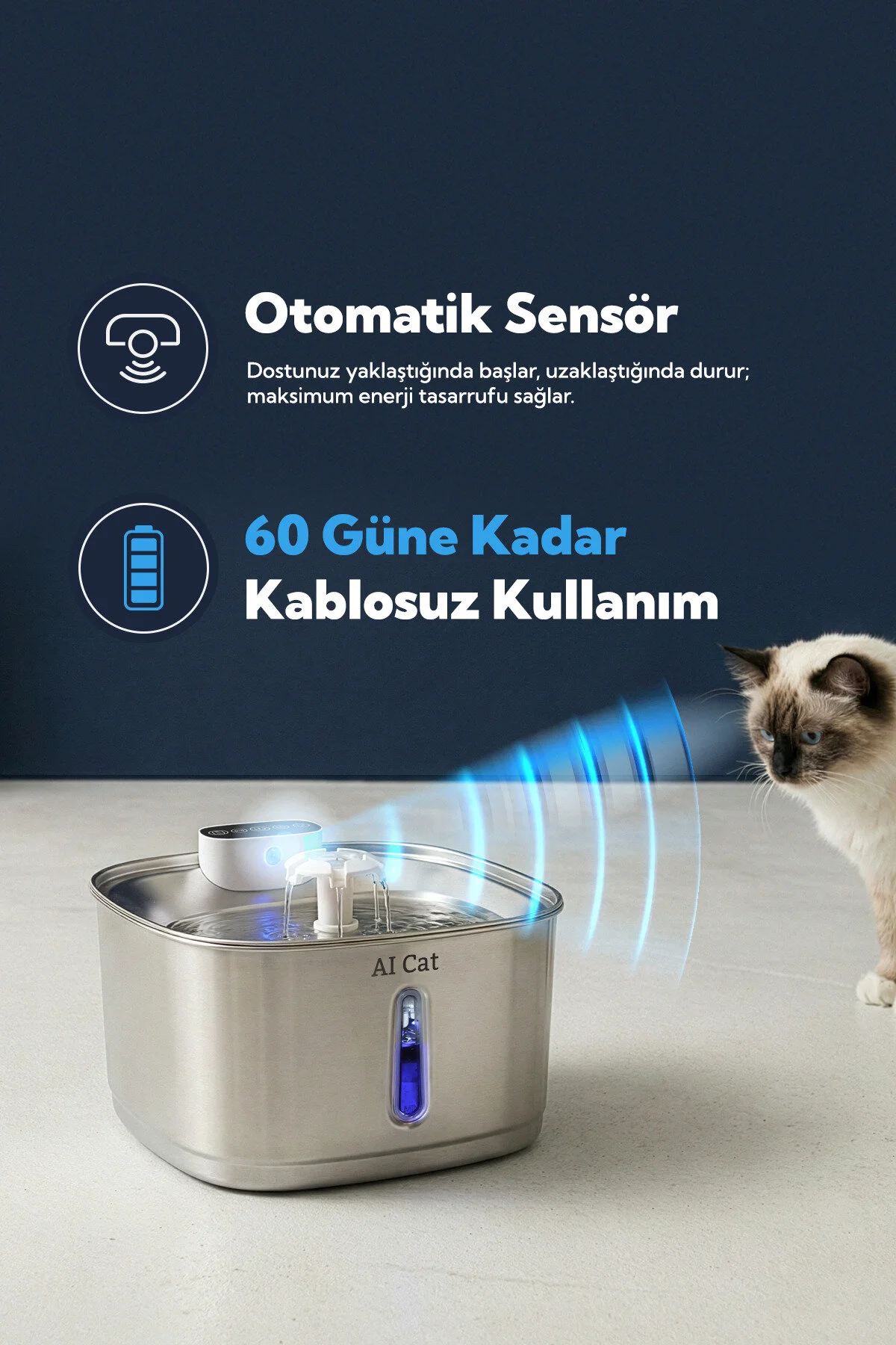 AI Cat Hydra Metal Kablosuz Sensörlü Akıllı Kedi Köpek Su Pınarı - Su Kabı - Paslanmaz Çelik & 60 Gün Şarj