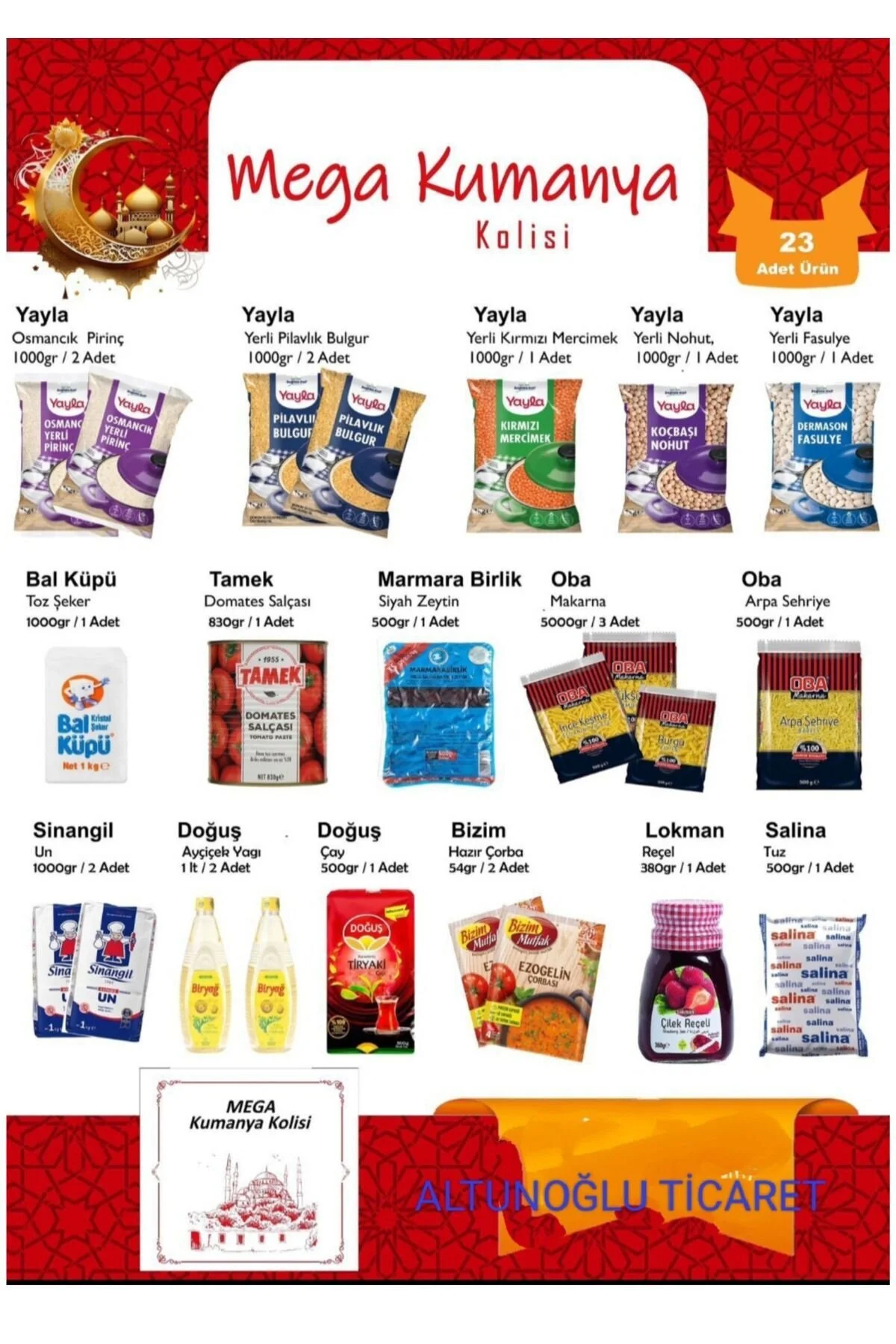 altunoğlu Ramazan paketi kumanya yardım gıda erzak kolisi mega paket 23 parça ürün 18 kg