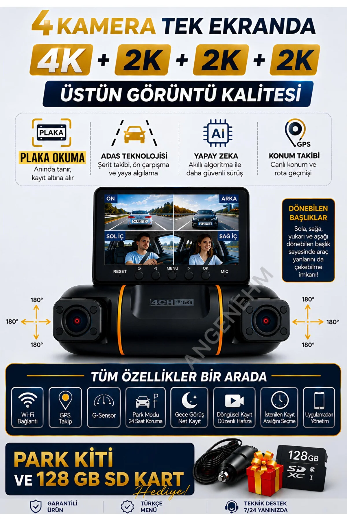 Angenehm 4 KAMERALI 4K Yapay Zekalı Plaka Okuma Full Donanımlı ve Full Paket 4K 2K 2K 2K Ultra Full HD Adas Gps Wifi G Sensör Gece Görüş Ön Arka Araç İçi ve Dışı Kamera