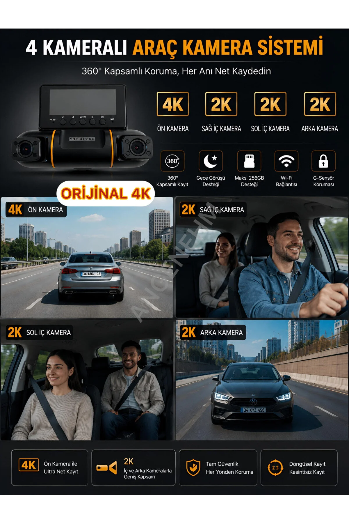 Angenehm 4 KAMERALI 4K Yapay Zekalı Plaka Okuma Full Donanımlı ve Full Paket 4K 2K 2K 2K Ultra Full HD Adas Gps Wifi G Sensör Gece Görüş Ön Arka Araç İçi ve Dışı Kamera